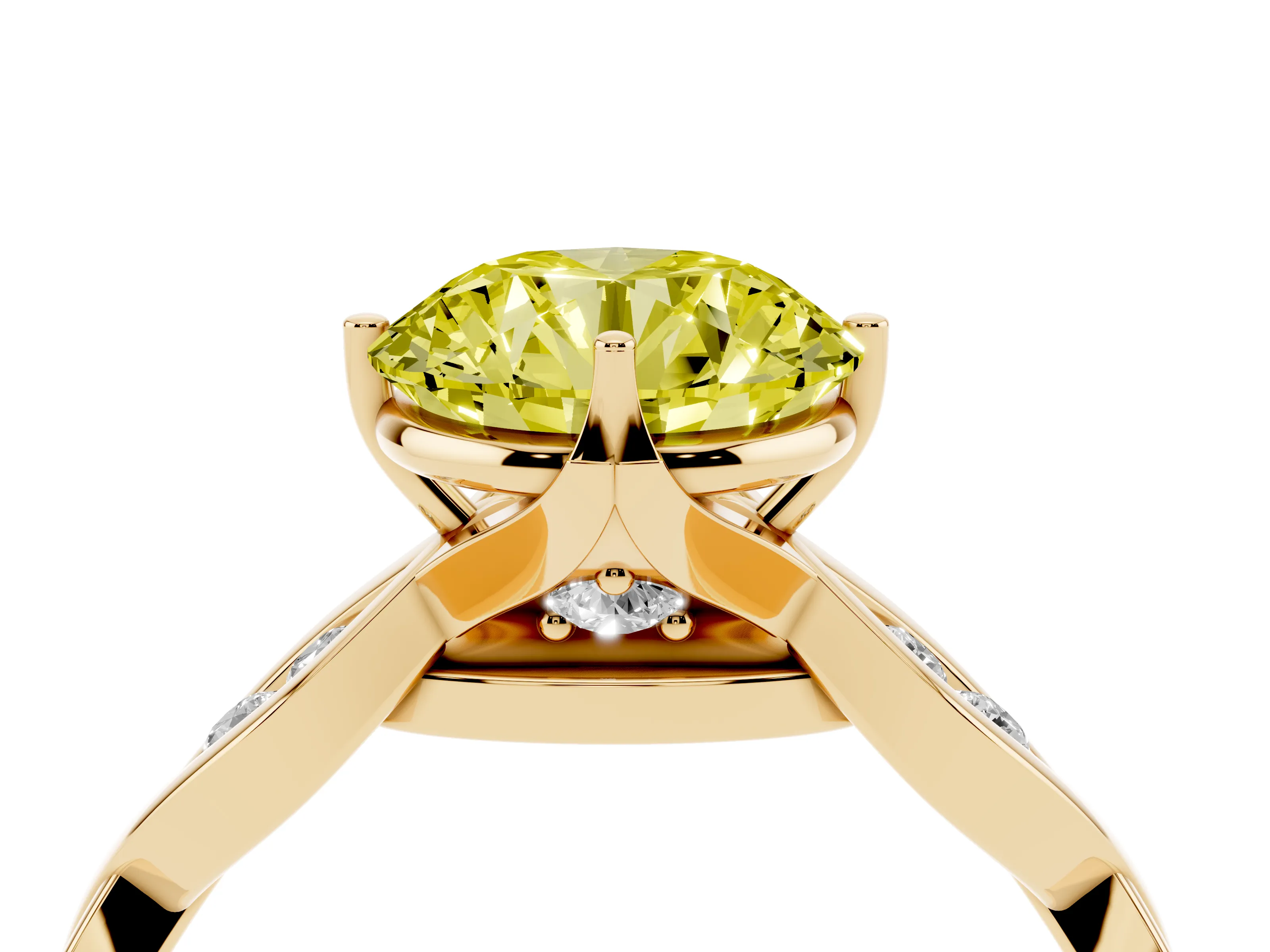 Fancy Yellow Round Cut Diamond Twist Band Solitaire Ring Set in Yellow gold with Leaf Prong Setting and Accent Stones