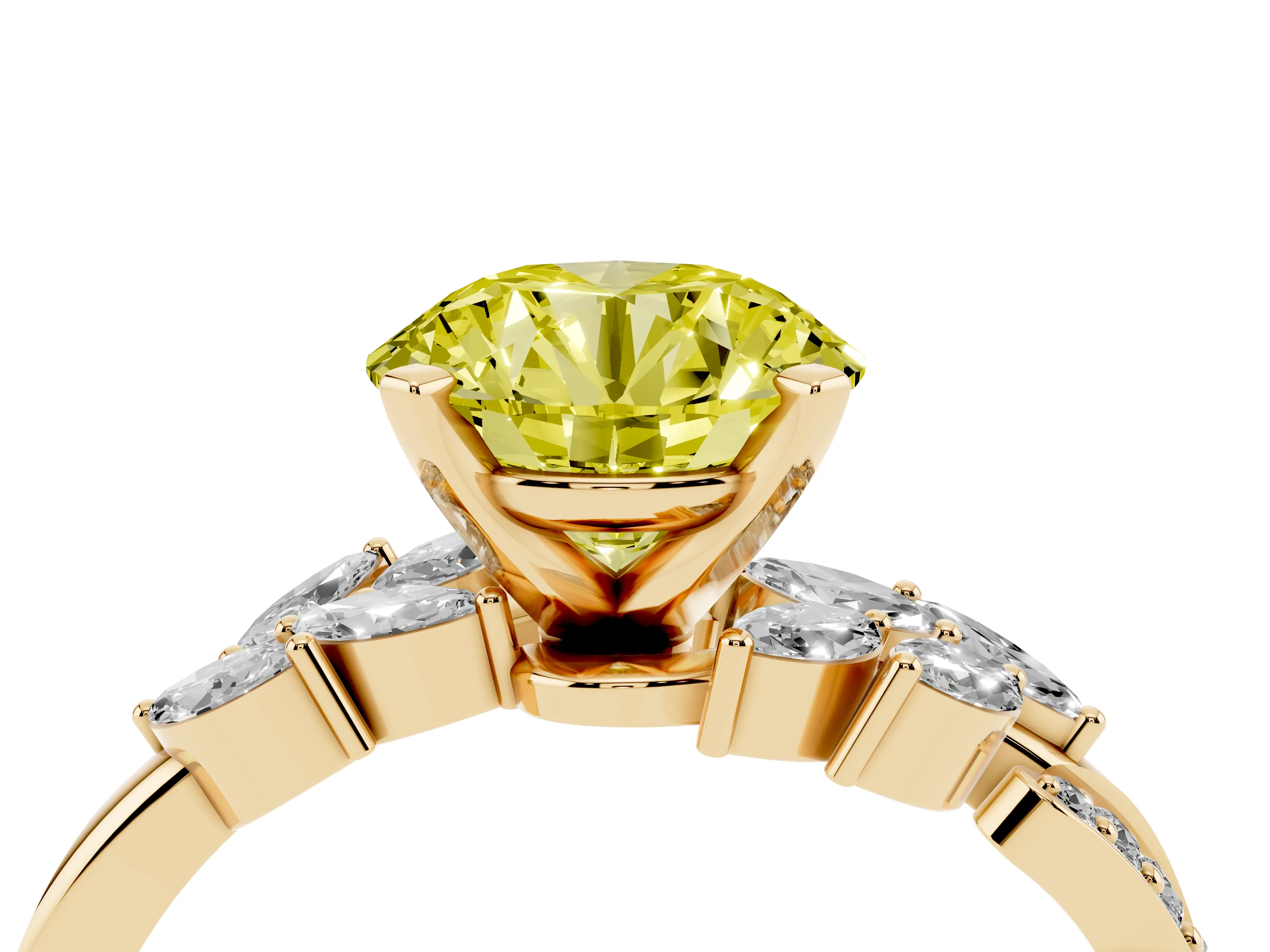 Fancy Yellow Round Cut Diamond Solitaire Ring Set in Yellow gold with Marquise Twist Band and Prong Setting