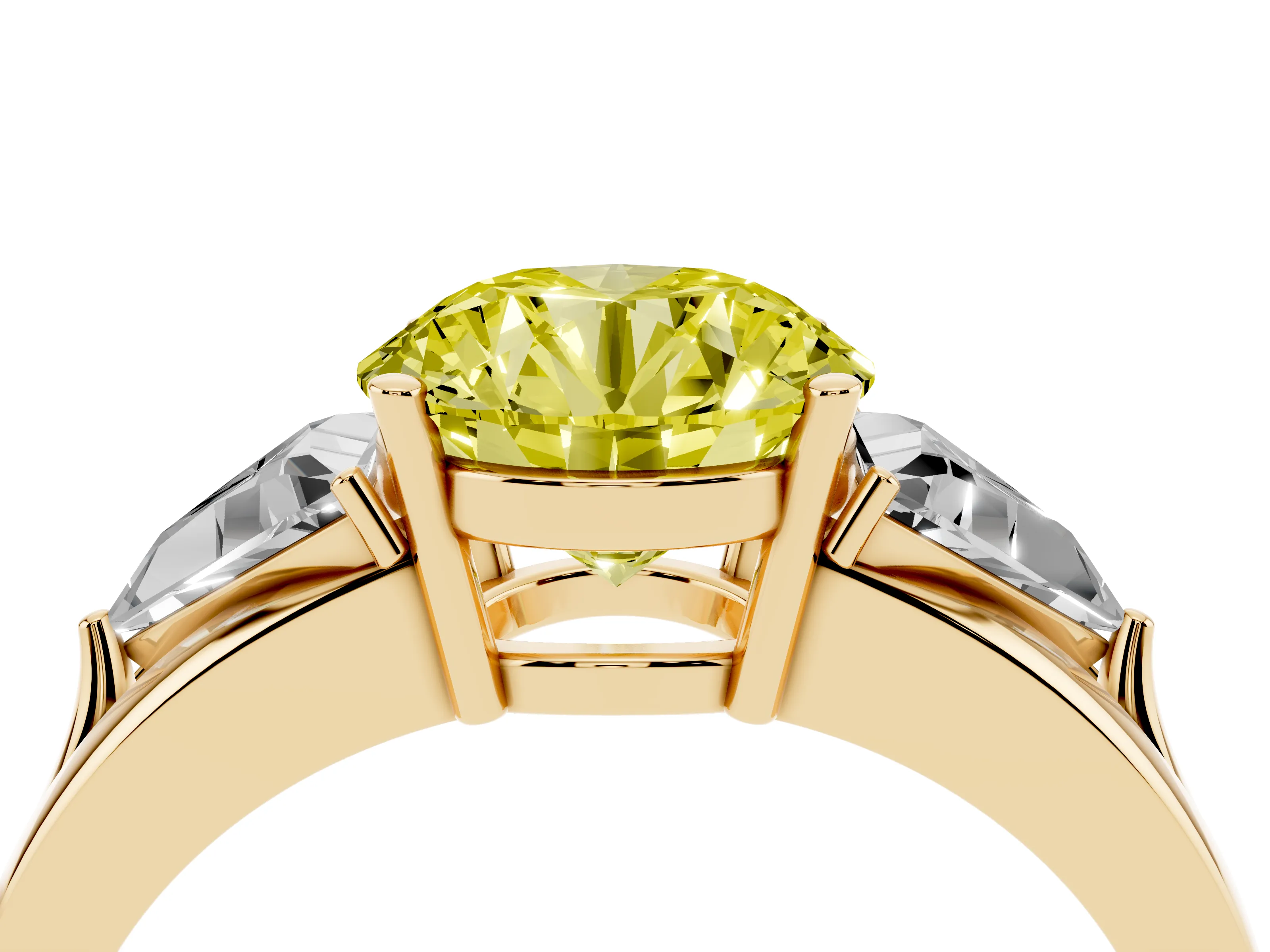 Fancy Yellow Round Cut Diamond Three-Stone Ring Set in Yellow gold with Trillion Side Stones and Split Shank
