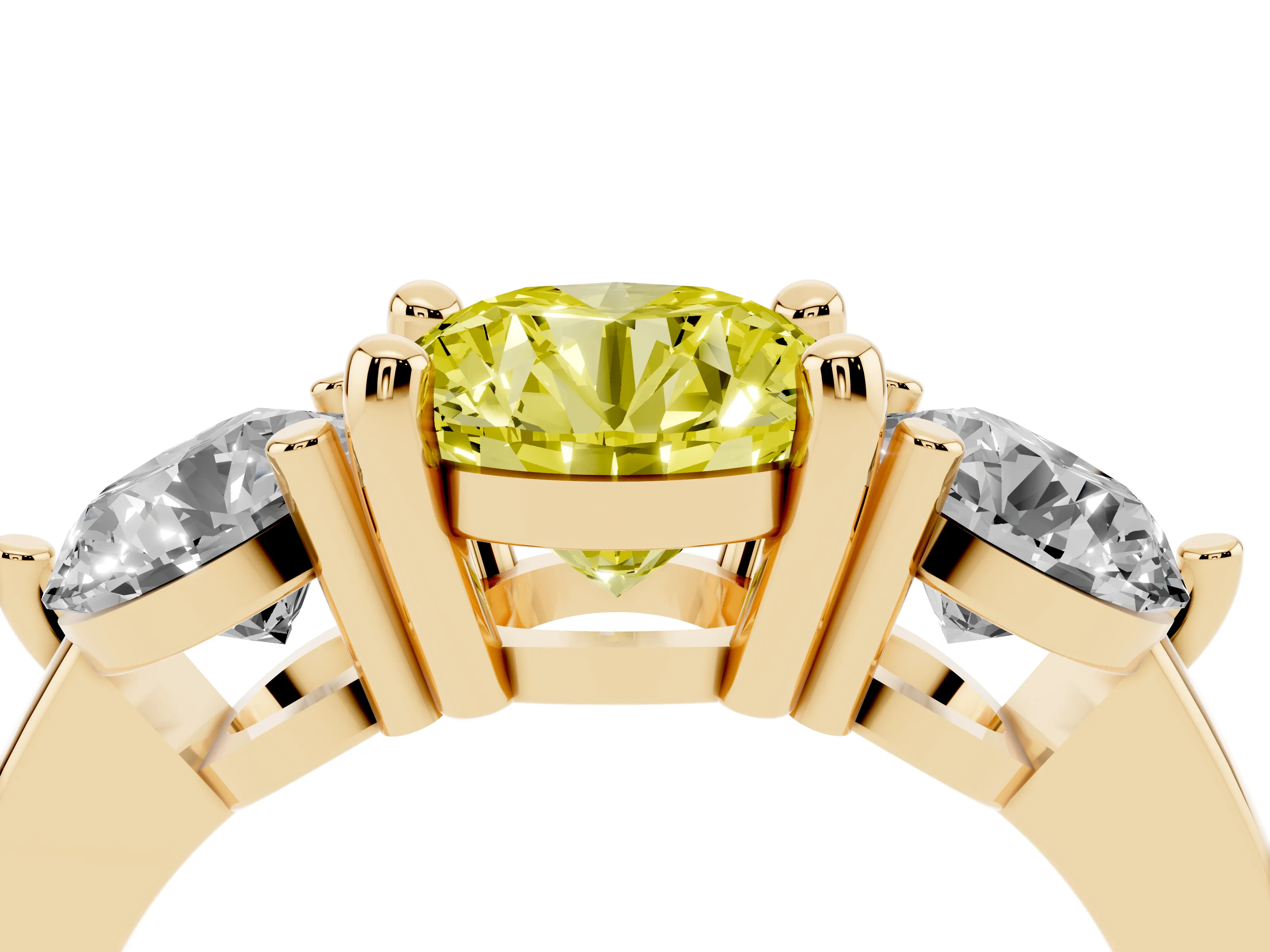 Fancy Yellow Round Cut Diamond Three-Stone Ring Set in Yellow gold with Prong Setting and Classic Band