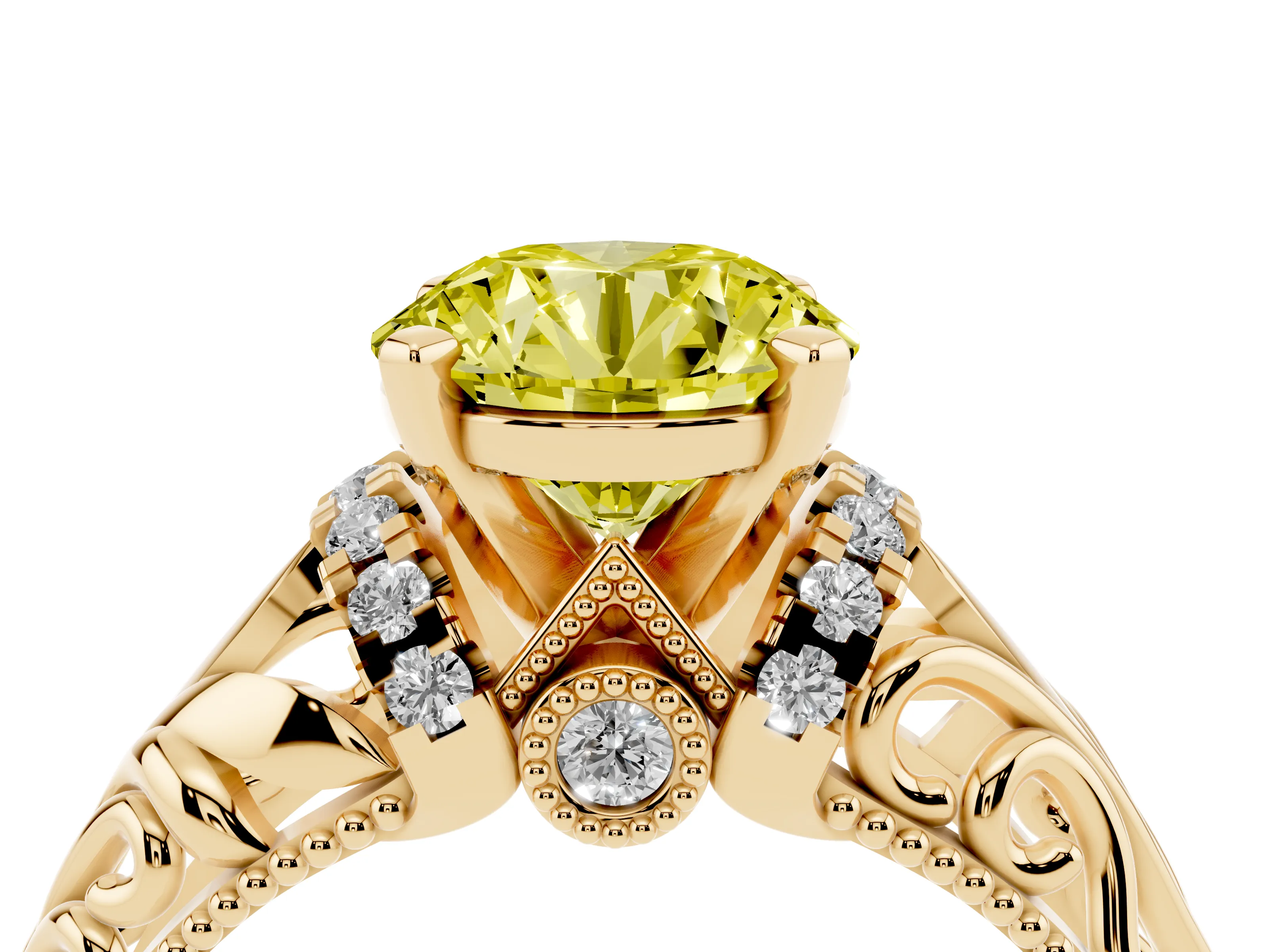Fancy Yellow Round Cut Diamond Filigree Halo Engagement Ring Set in Yellow gold with Prong Setting