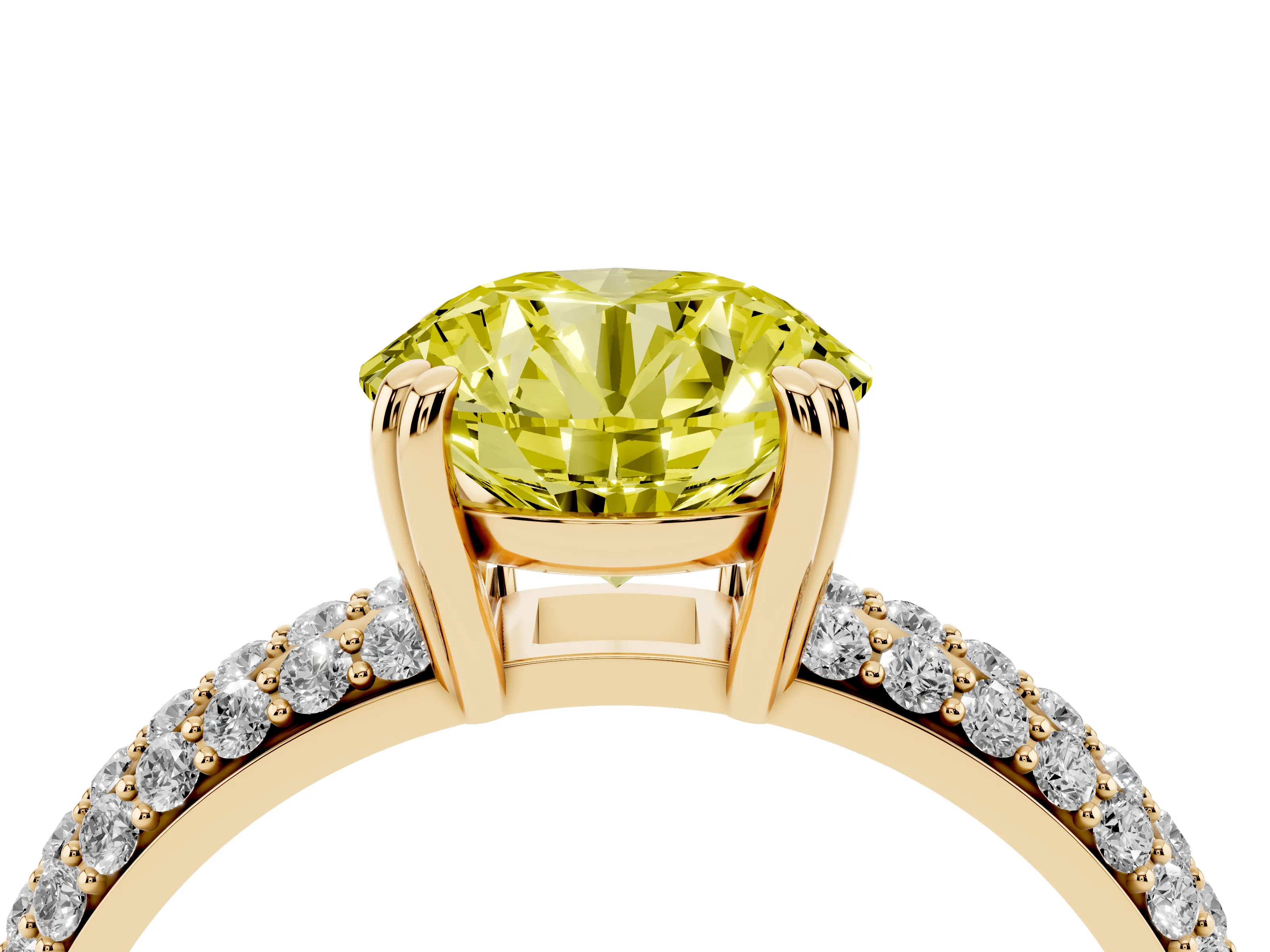 Fancy Yellow Round Cut Diamond Solitaire Ring Set in Yellow gold with Multi-Row Round Pavé Band and Prong Setting