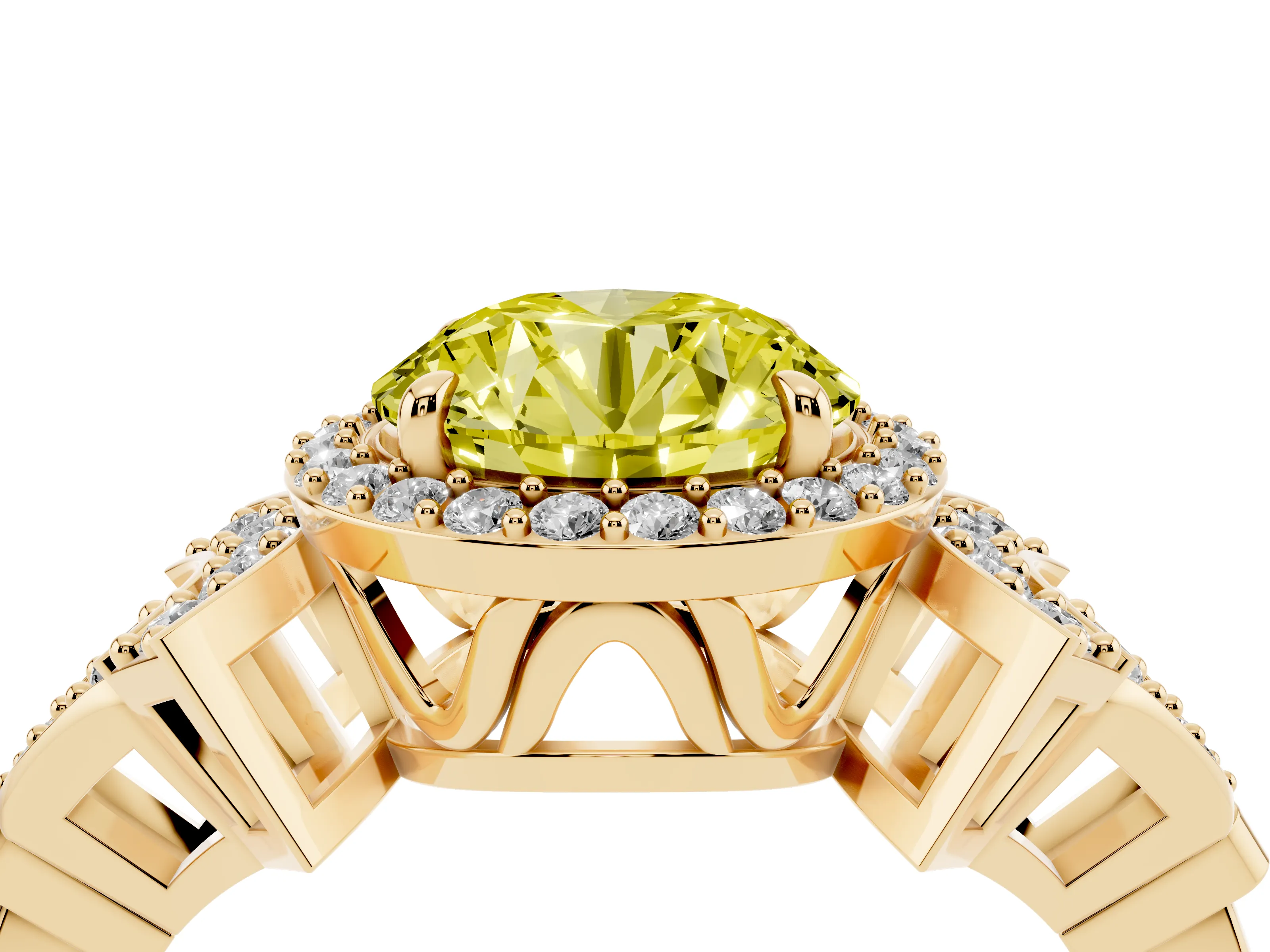 Fancy Yellow Round Cut Diamond Halo Engagement Ring Set in Yellow gold with Accent Stone Split Shank