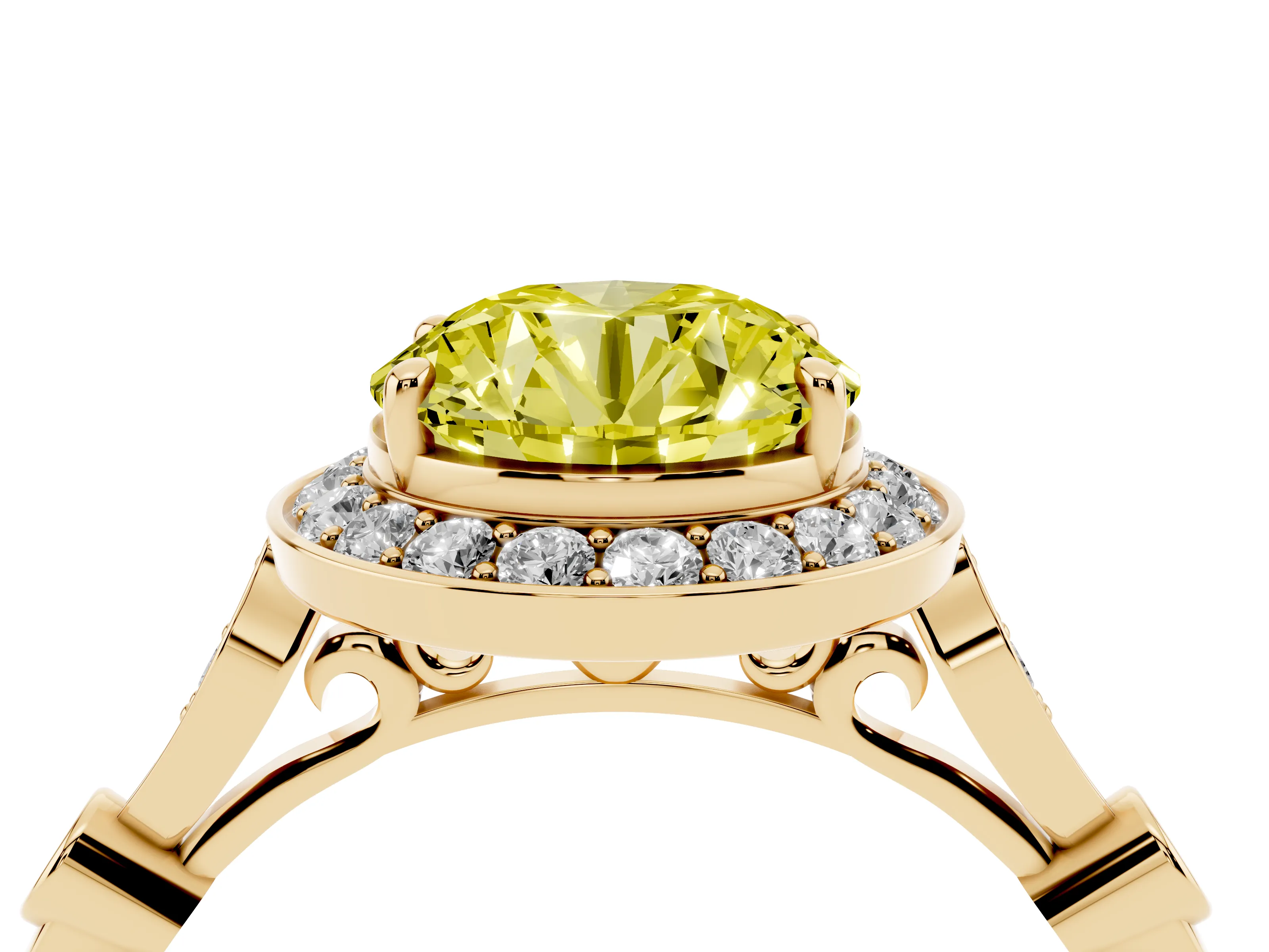 Fancy Yellow Round Cut Diamond Halo Engagement Ring Set in Yellow gold with Twisted Band and Prong Setting