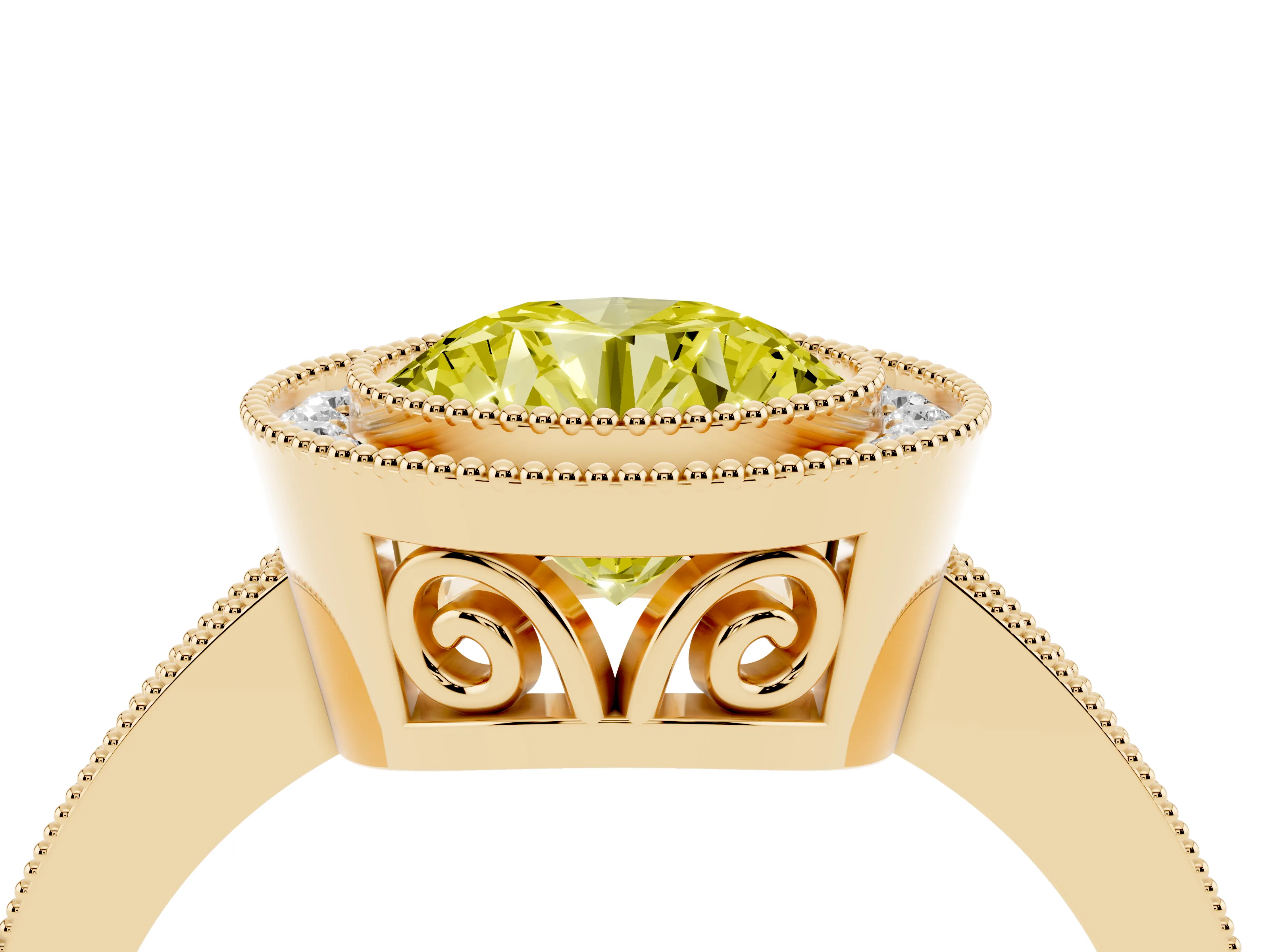 Fancy Yellow Round Cut Diamond Halo Ring Set in Yellow gold with Pavé Band and Milgrain-Edged Prongs