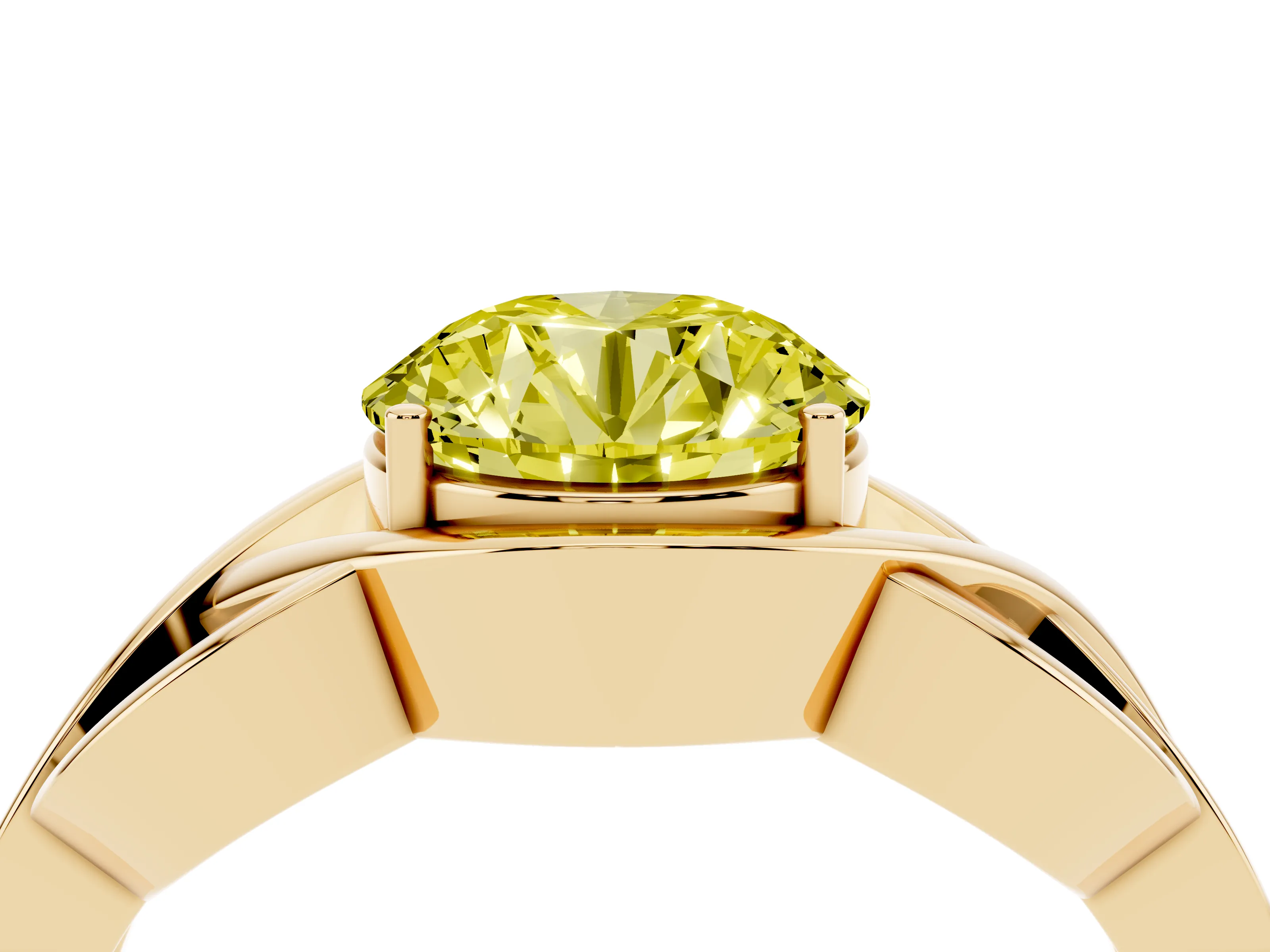Fancy Yellow Round Cut Diamond Solitaire Ring Set in Yellow gold with Intertwined Band