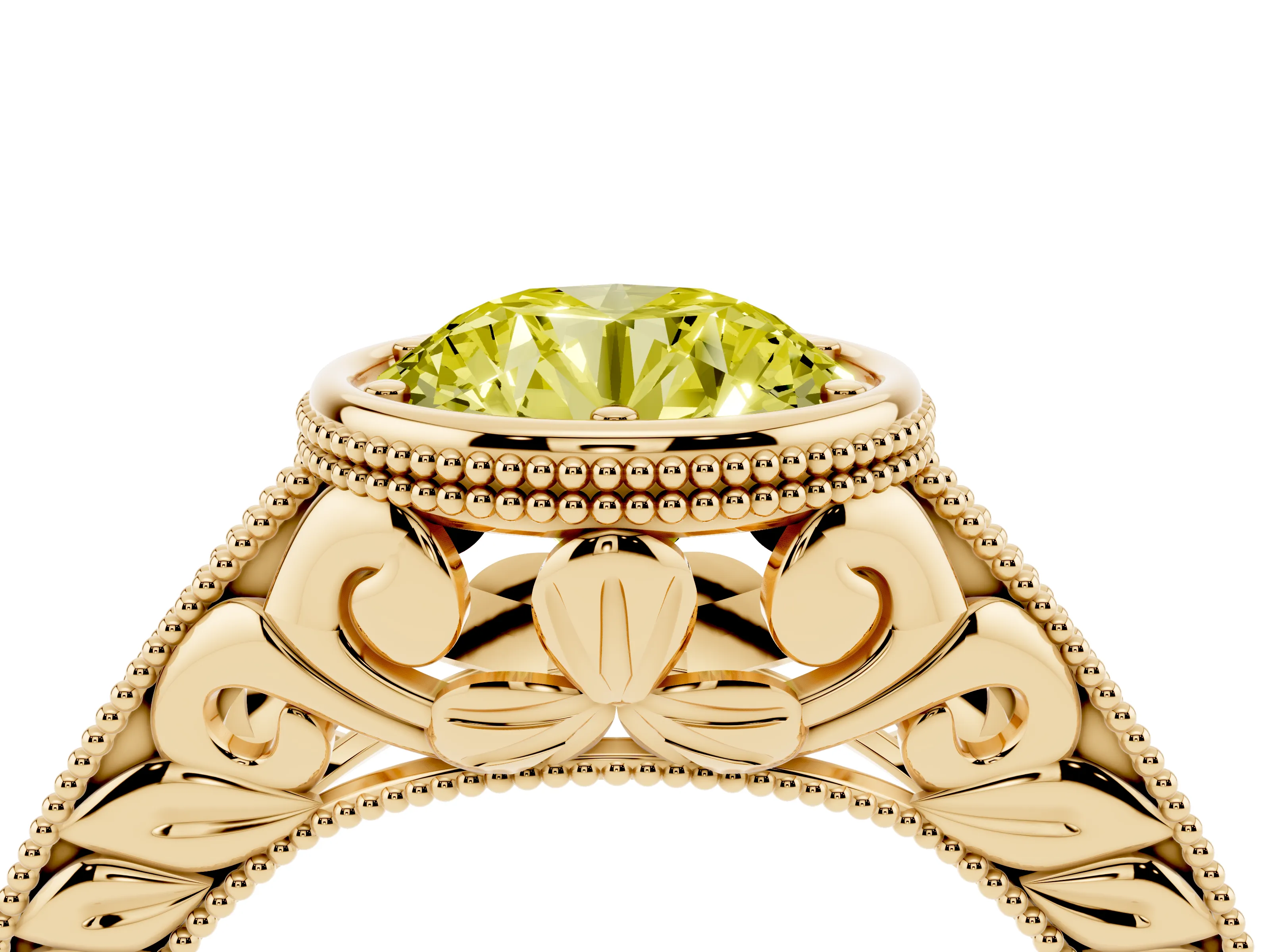 Fancy Yellow Bezel Set Round Cut Diamond Milgrain Pavé Engagement Ring Set in Yellow gold