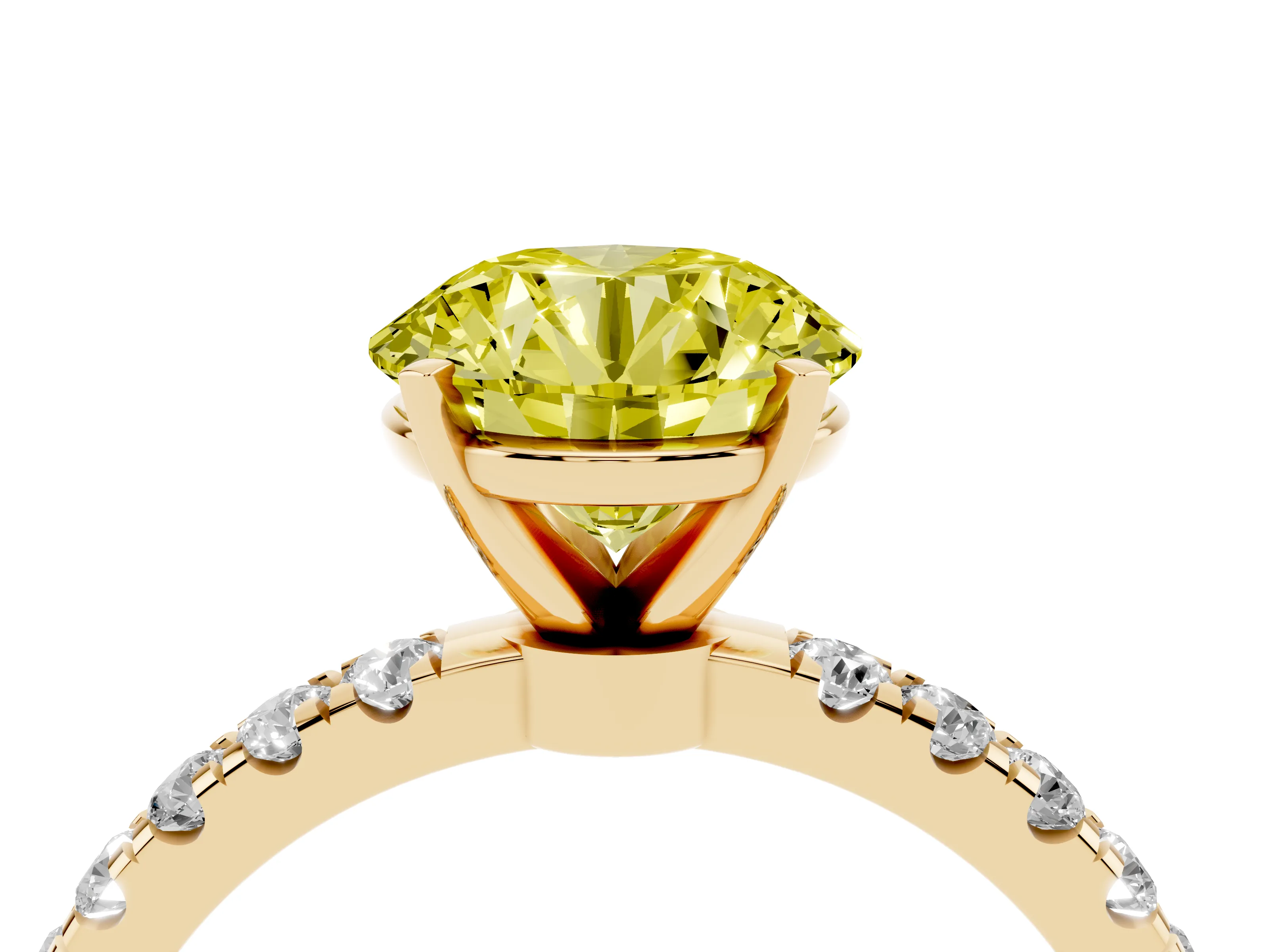 Fancy Yellow Round Cut Diamond Solitaire Ring Set in Yellow gold with Pavé Accents and Prong Setting