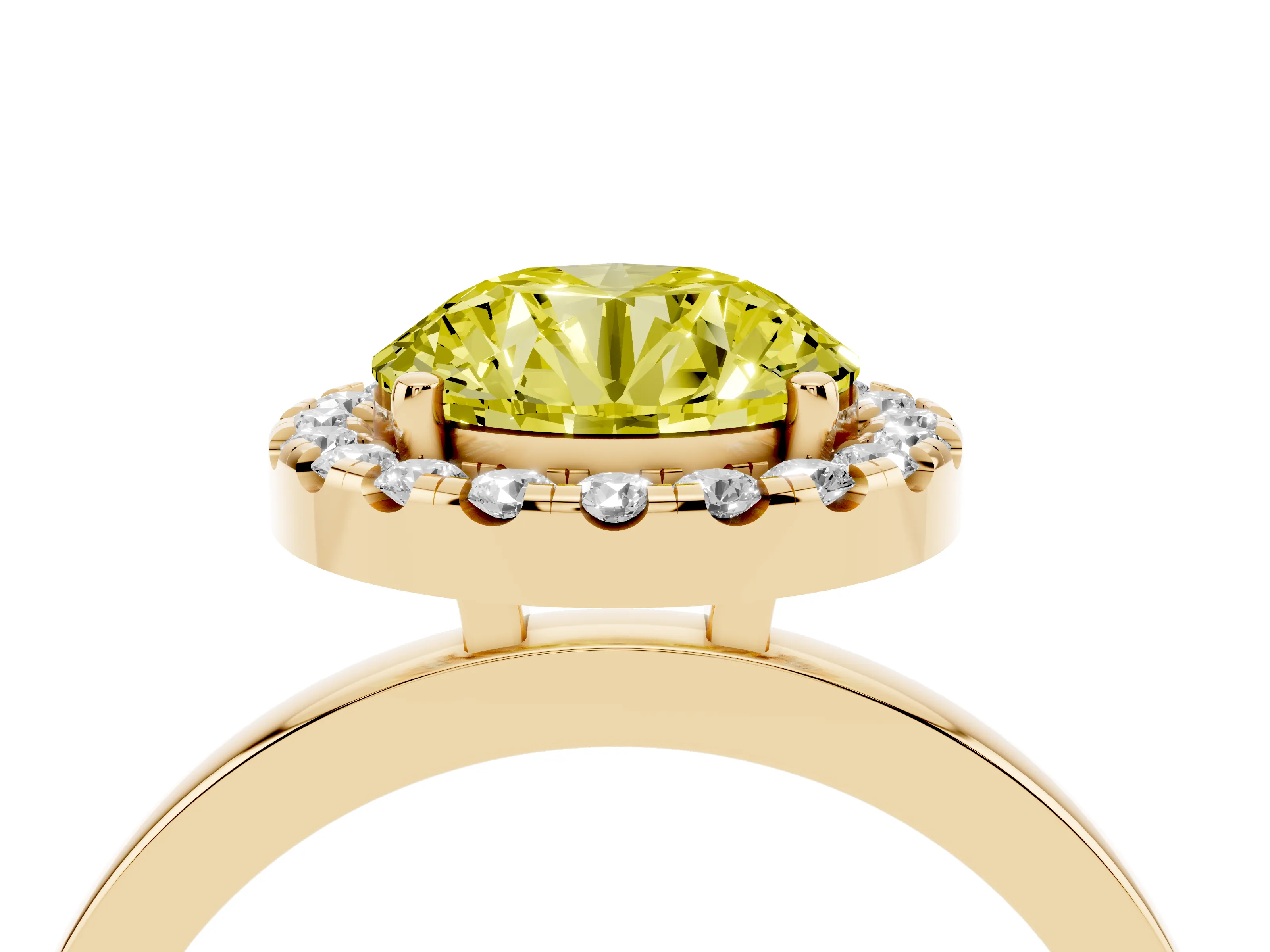 Fancy Yellow Round Cut Diamond Halo Solitaire Ring Set in Yellow gold with Pavé Band and Prong Setting