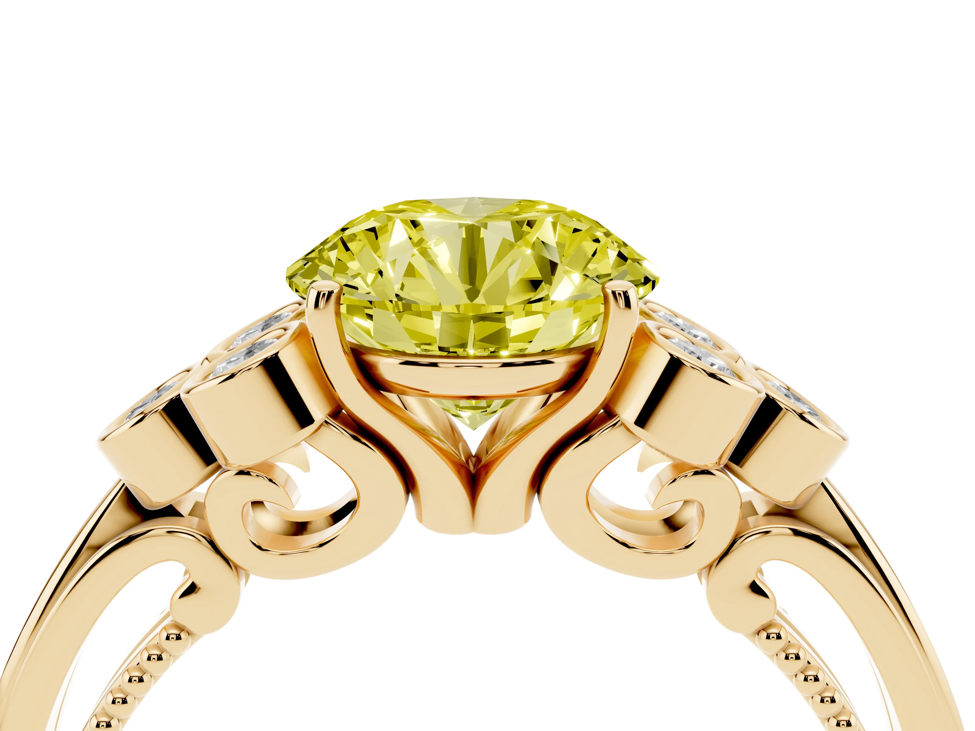 Fancy Yellow Round Cut Diamond Engagement Ring Set in Yellow gold with Bezel Set Round Side Stones and Prong Setting