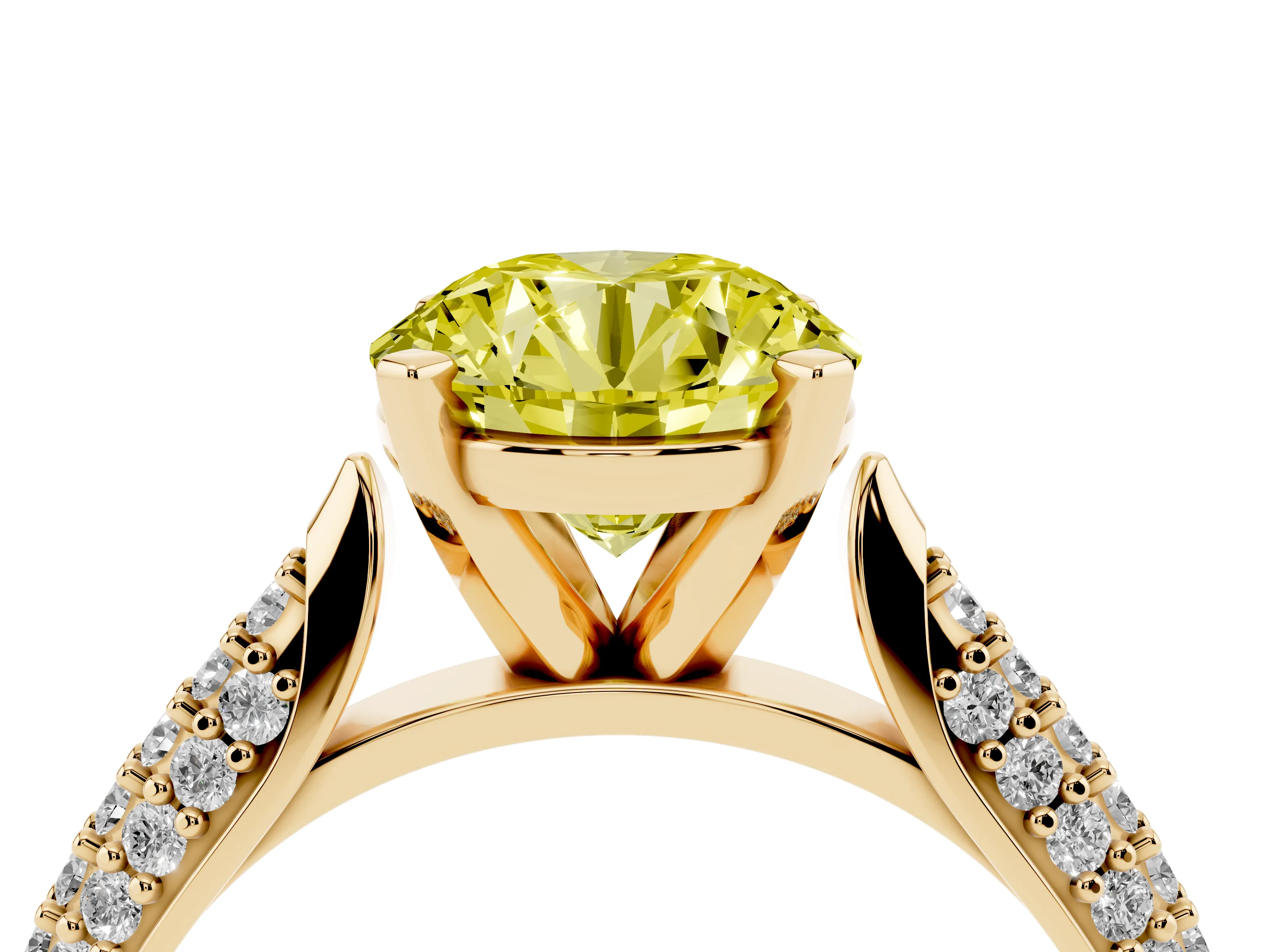 Fancy Yellow Round Cut Diamond Solitaire Engagement Ring Set in Yellow gold with Multi-Row Round Pavé Band and Prong Setting