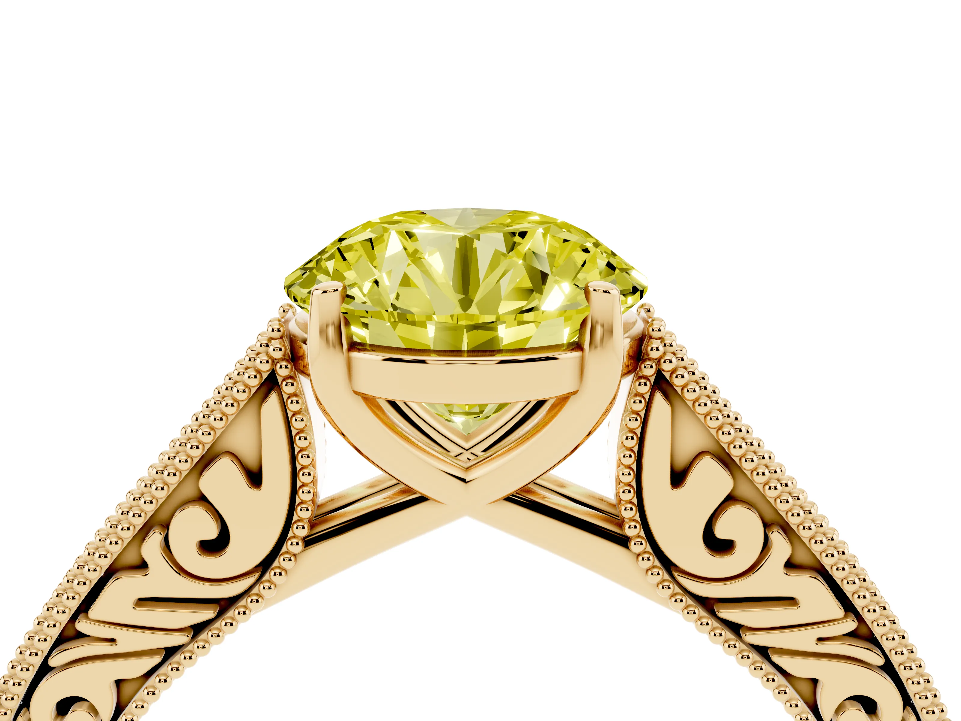 Fancy Yellow Round Cut Diamond Milgrain Pavé Band Solitaire Ring Set in Yellow gold with Prong Setting