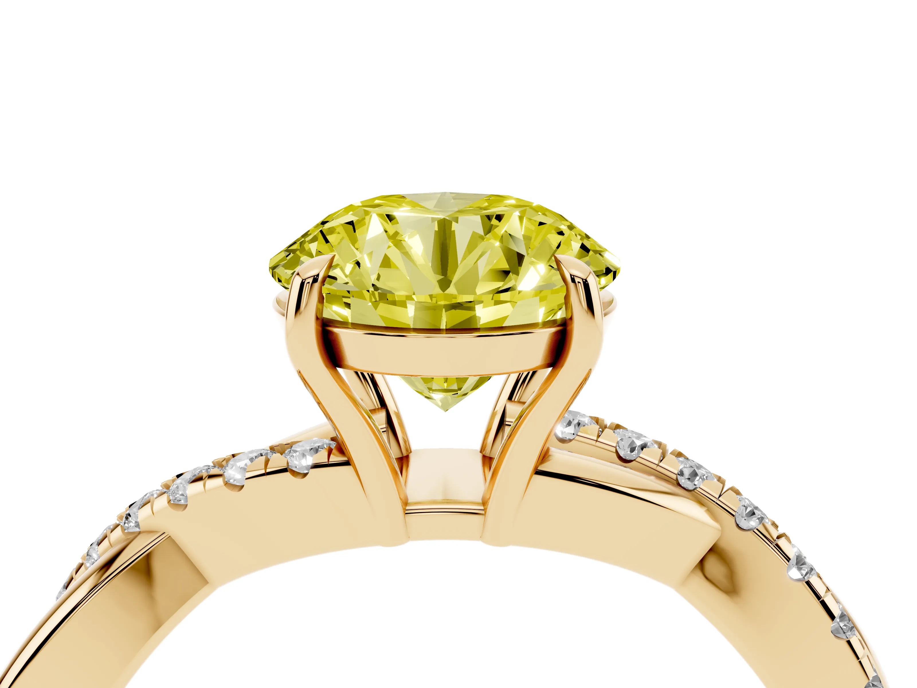 Fancy Yellow Round Cut Diamond Twisted Pavé Band Ring Set in Yellow gold with Prong Setting
