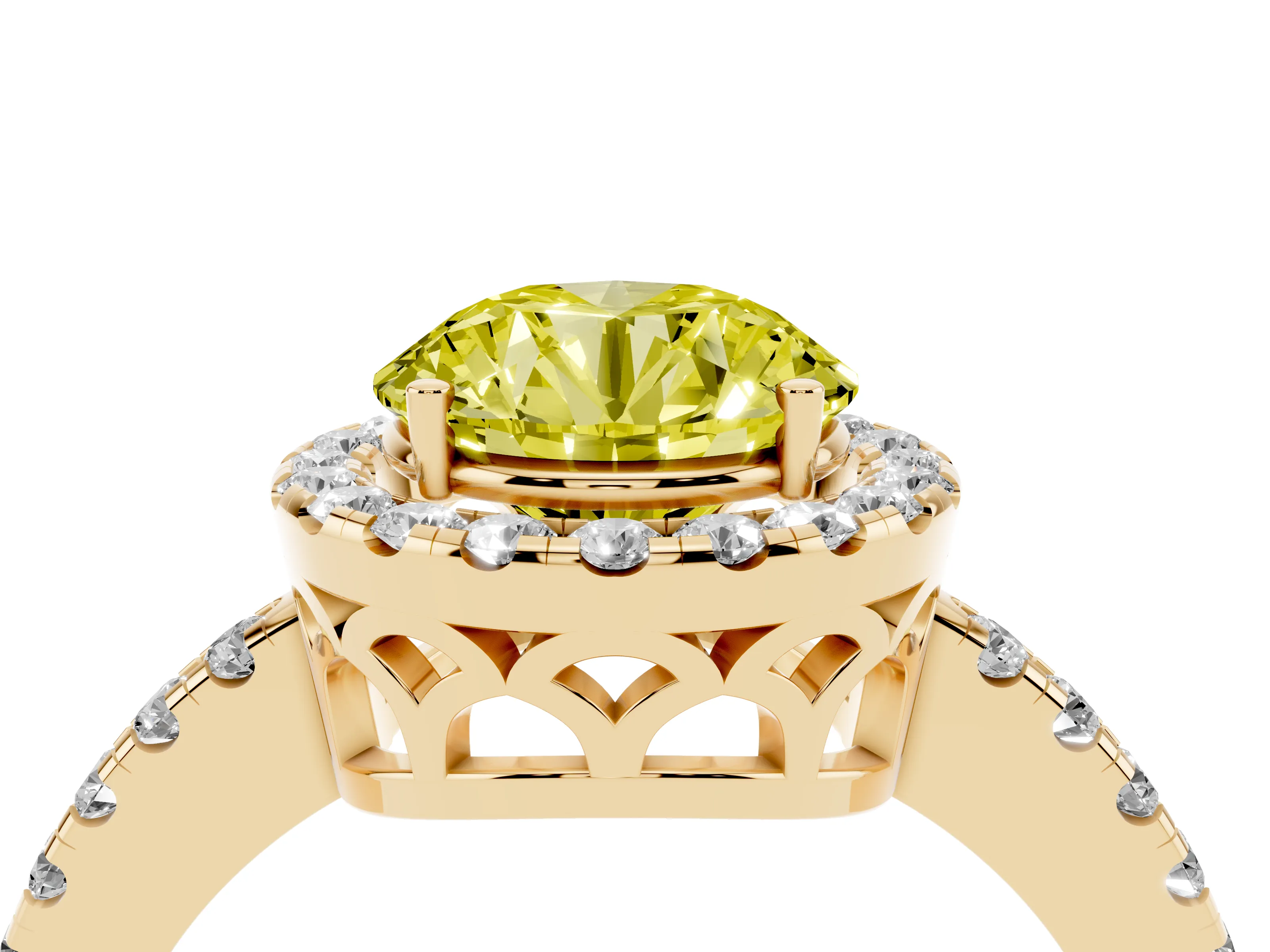 Fancy Yellow Round Cut Diamond Pavé Band Halo Engagement Ring Set in Yellow gold with Prong Setting