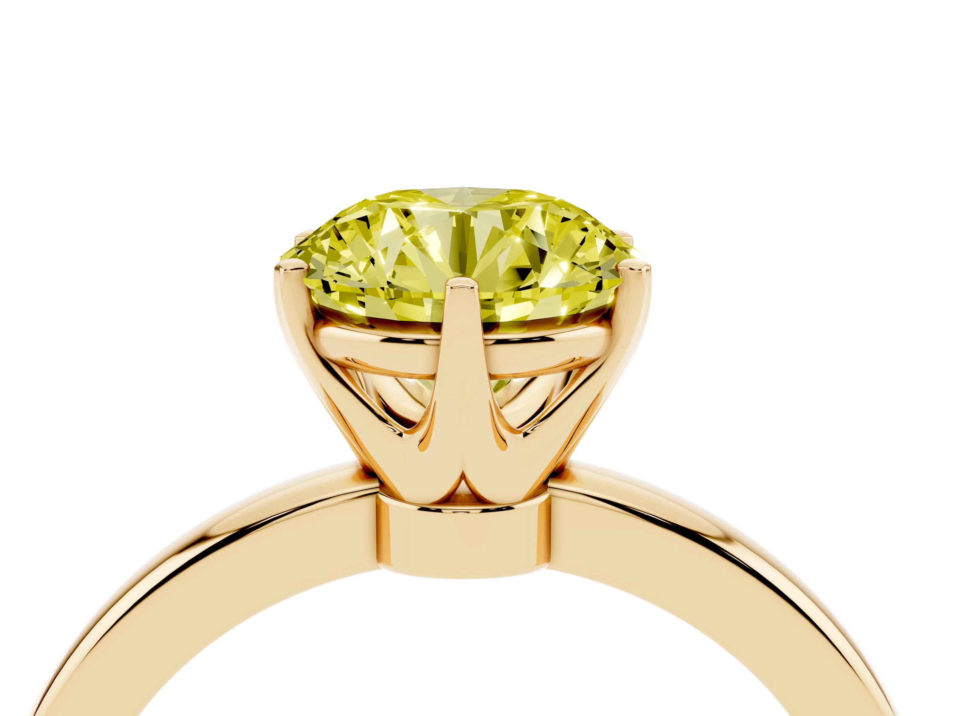 Fancy Yellow Round Cut Diamond Solitaire Ring Set in Yellow gold with Raised Prong Setting on a Classic Band