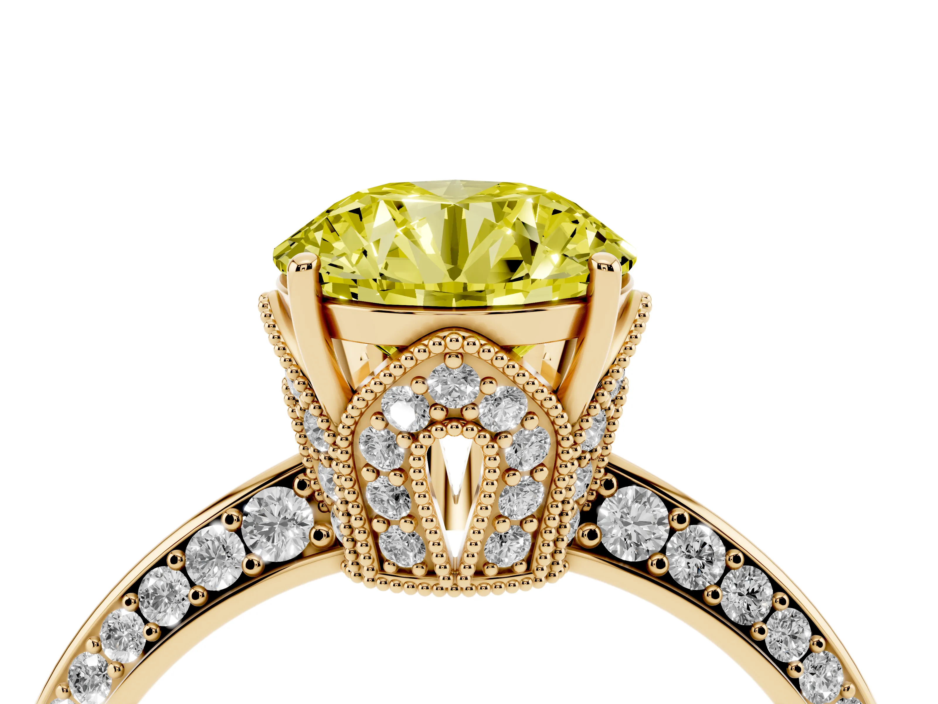 Fancy Yellow Round Cut Diamond Solitaire Engagement Ring Set in Yellow gold with Pavé Split Shank and Prong Setting