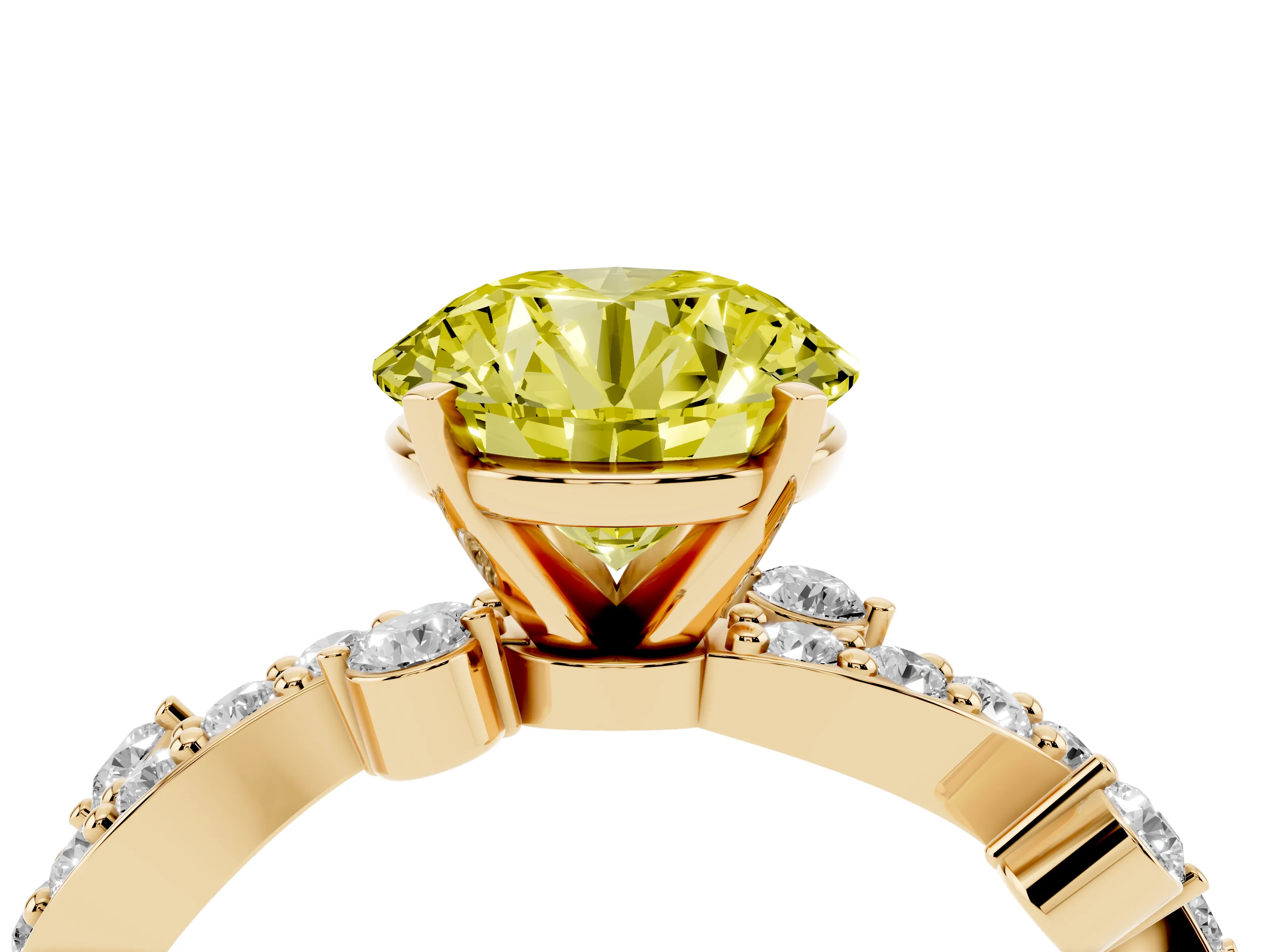 Fancy Yellow Round Cut Diamond Solitaire Twisted Band Set in Yellow gold with Pavé Setting