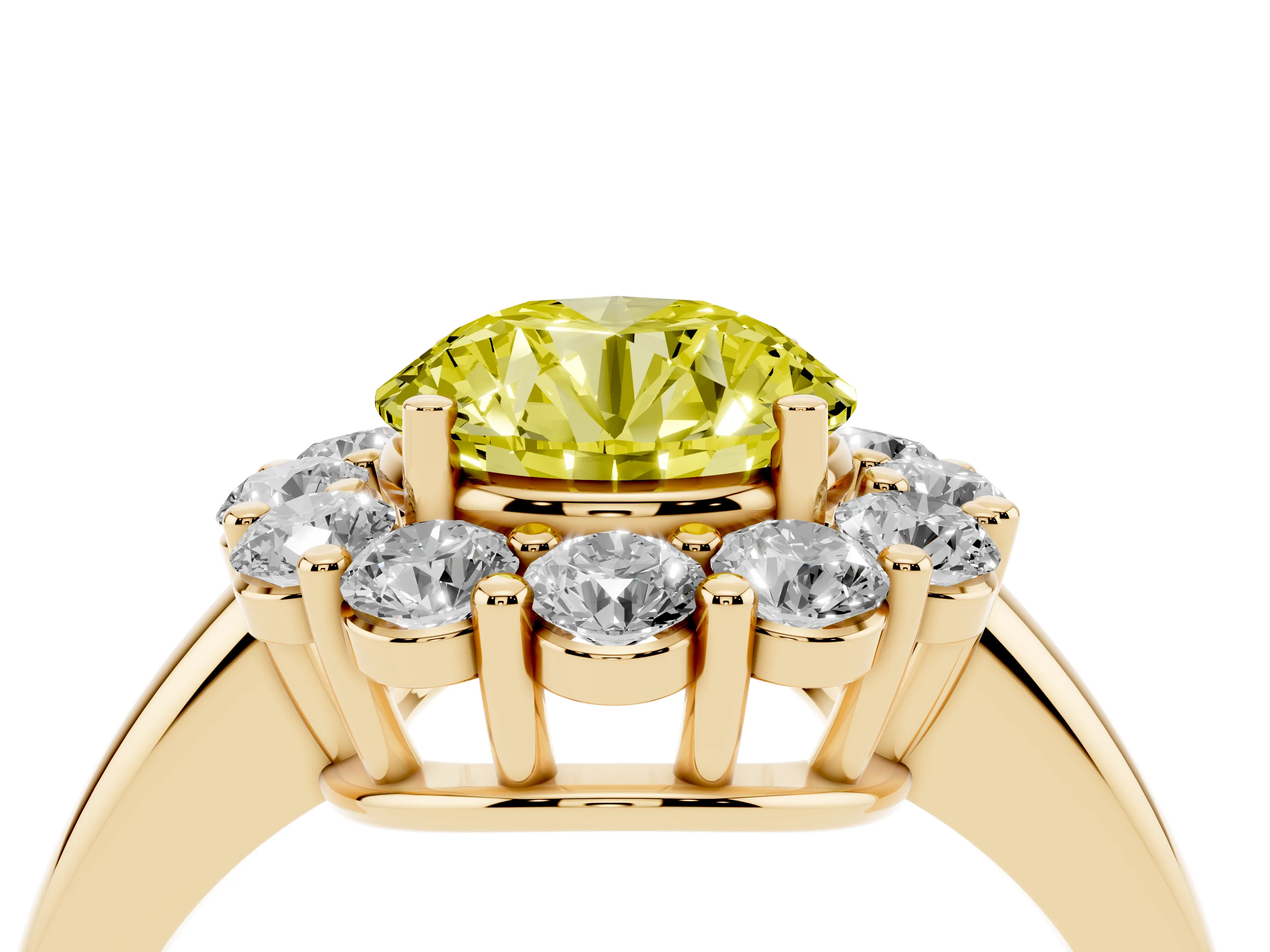 Fancy Yellow Round Cut Diamond Halo Cluster Engagement Ring Set in Yellow gold with Polished Band and Prong Setting