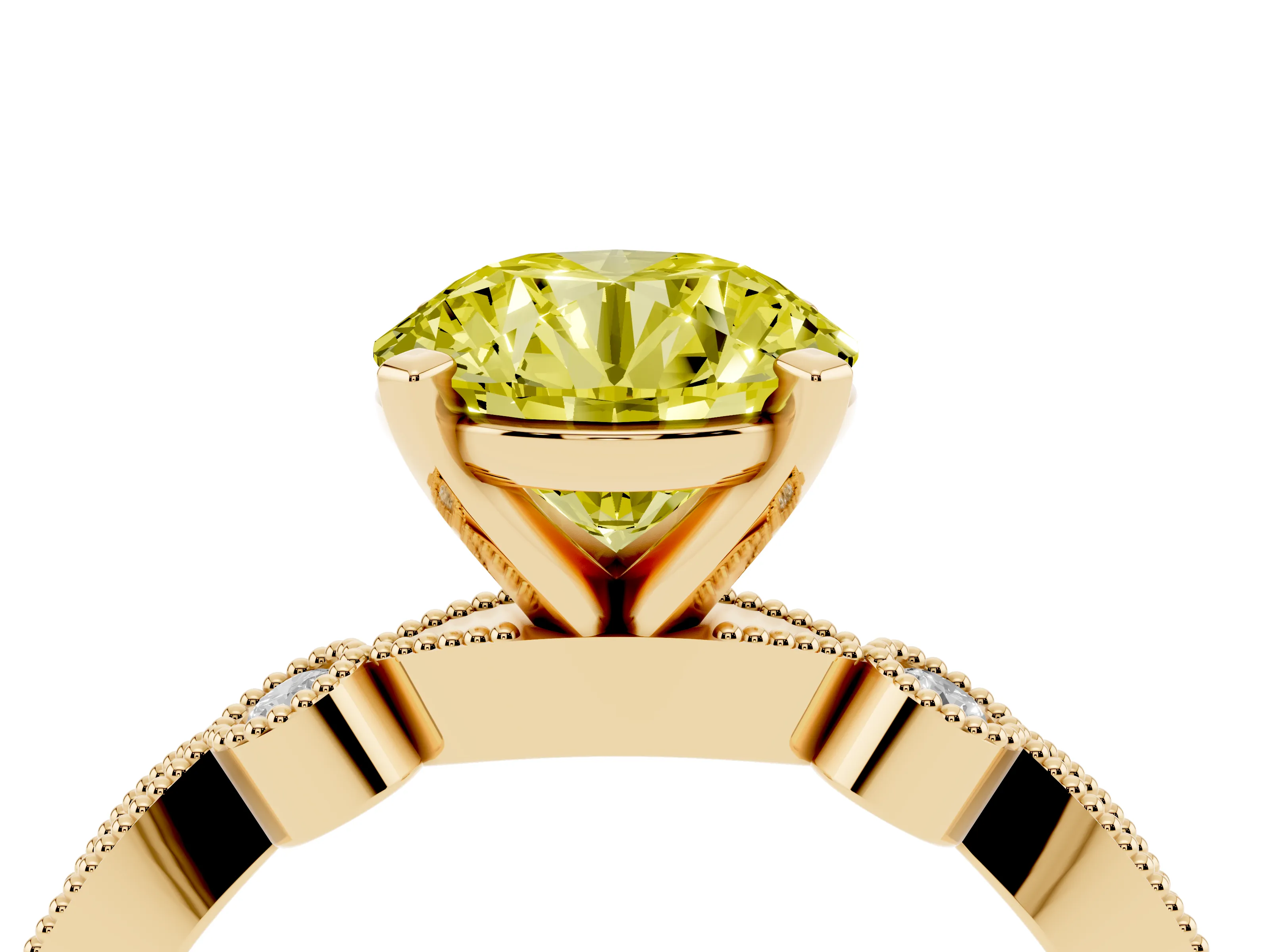 Fancy Yellow Round Cut Diamond Solitaire Engagement Ring Set in Yellow gold with Milgrain Bezel Accent Band