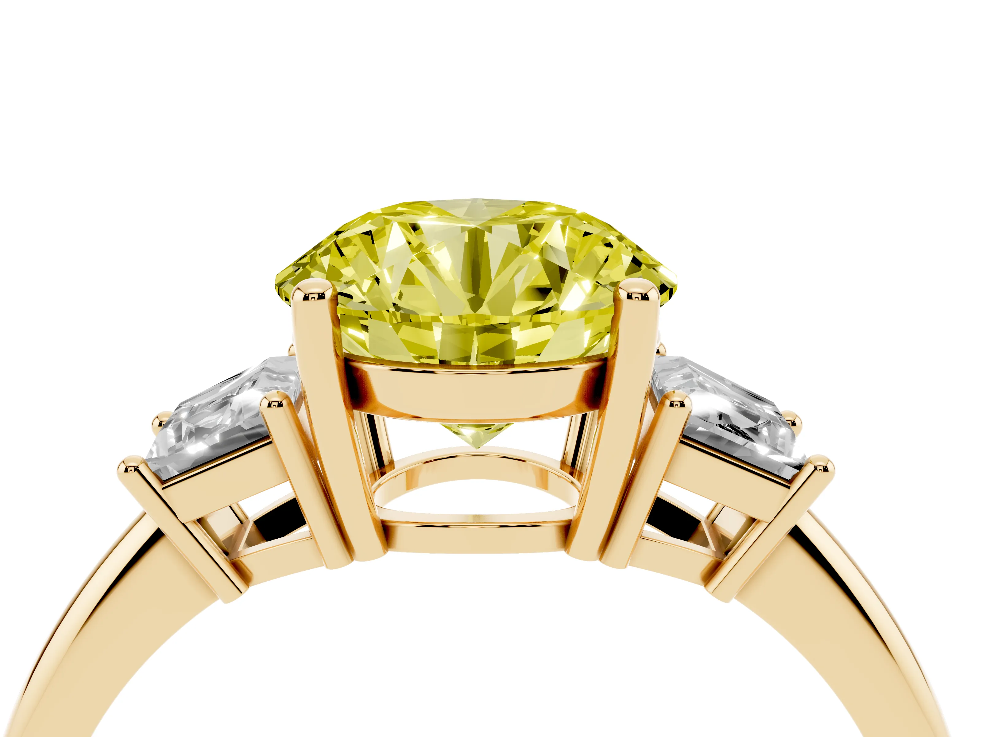 Fancy Yellow Round Cut Diamond Three-Stone Ring Set in Yellow gold with Trapezoid Side Stones and Prong Setting
