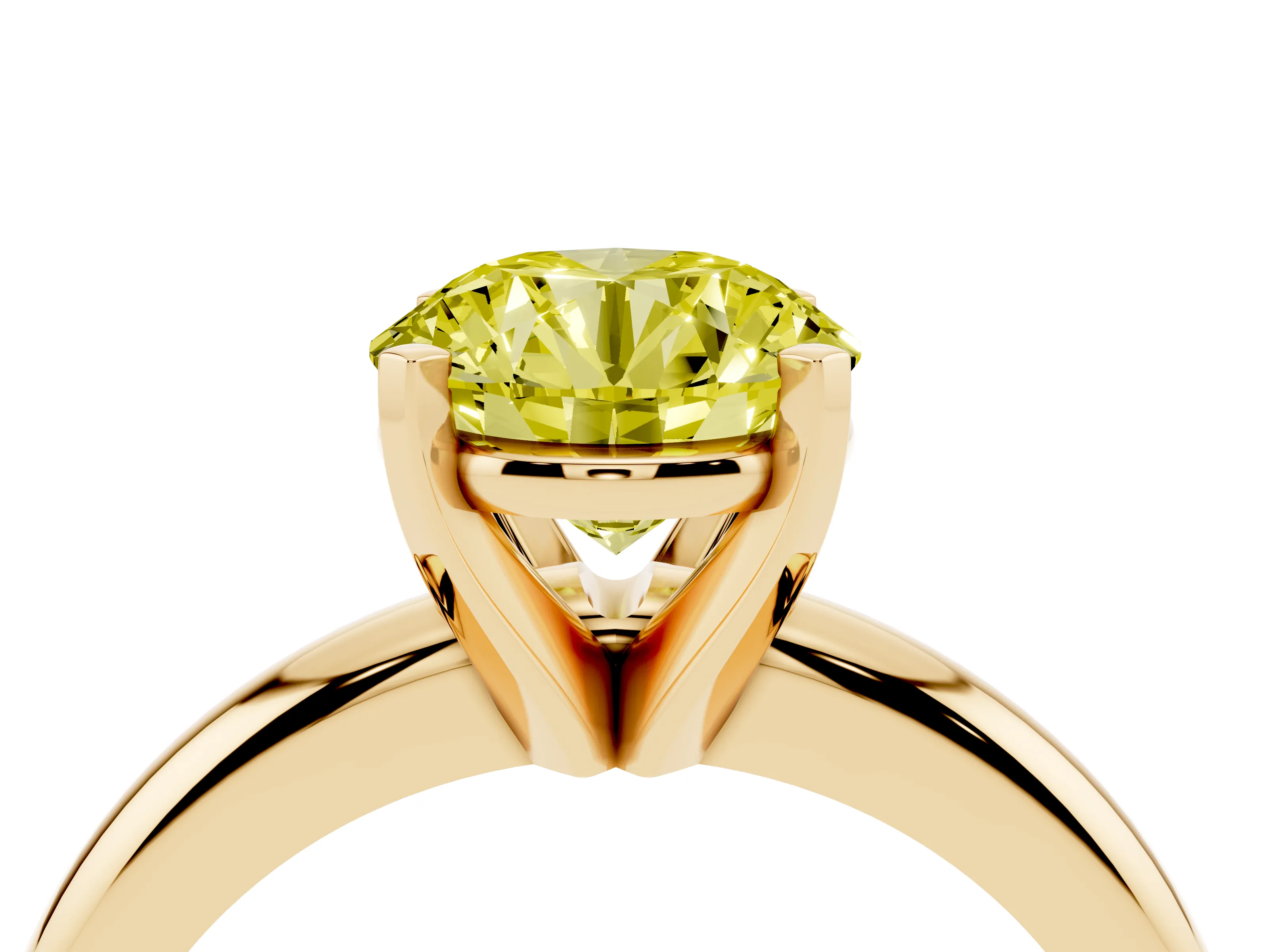 Fancy Yellow Round Cut Diamond Solitaire Engagement Ring Set in Yellow gold with Round Band and Prong Setting