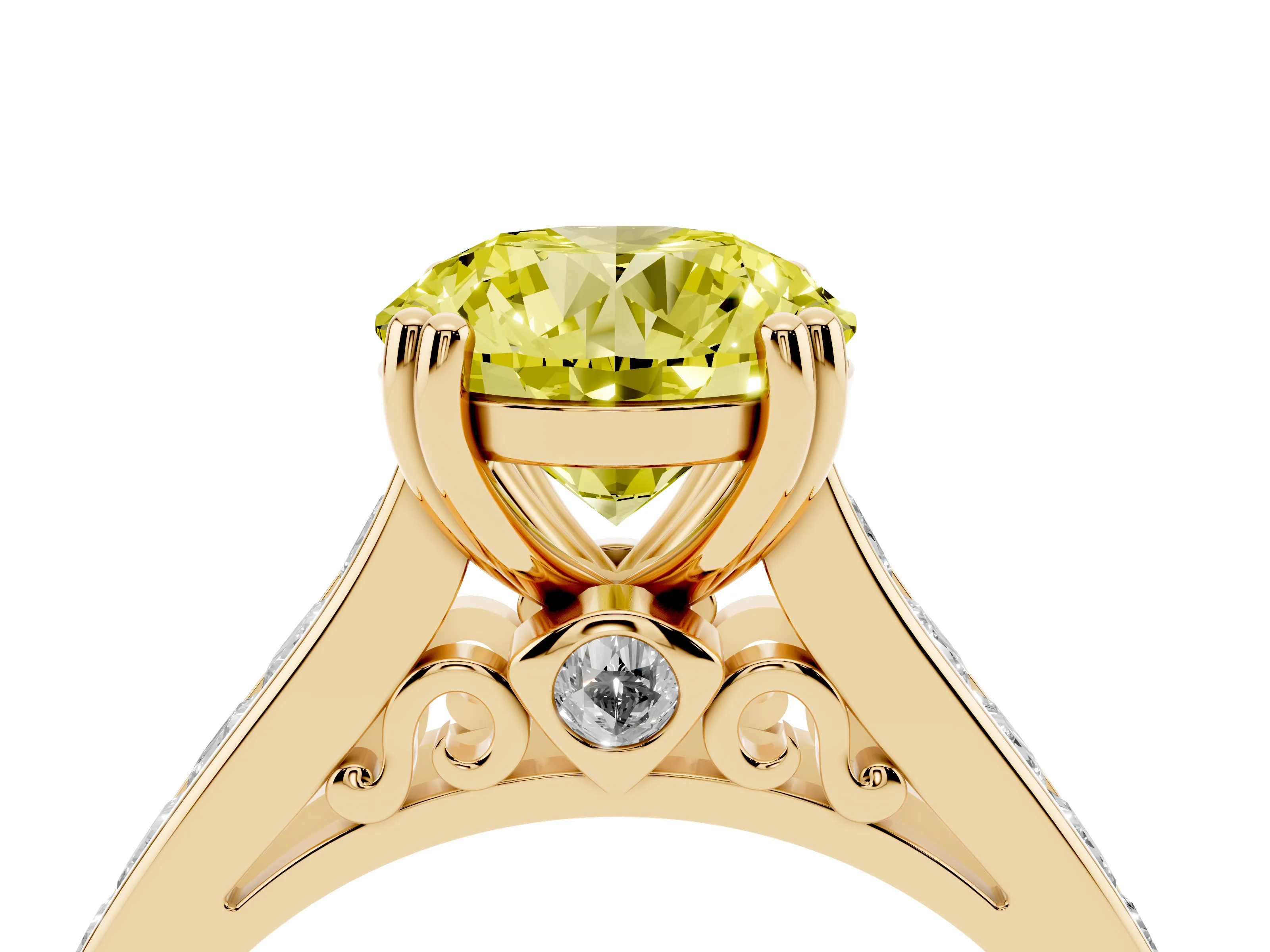 Fancy Yellow Round Cut Diamond Channel Set Solitaire Engagement Ring Set in Yellow gold with Prong Setting
