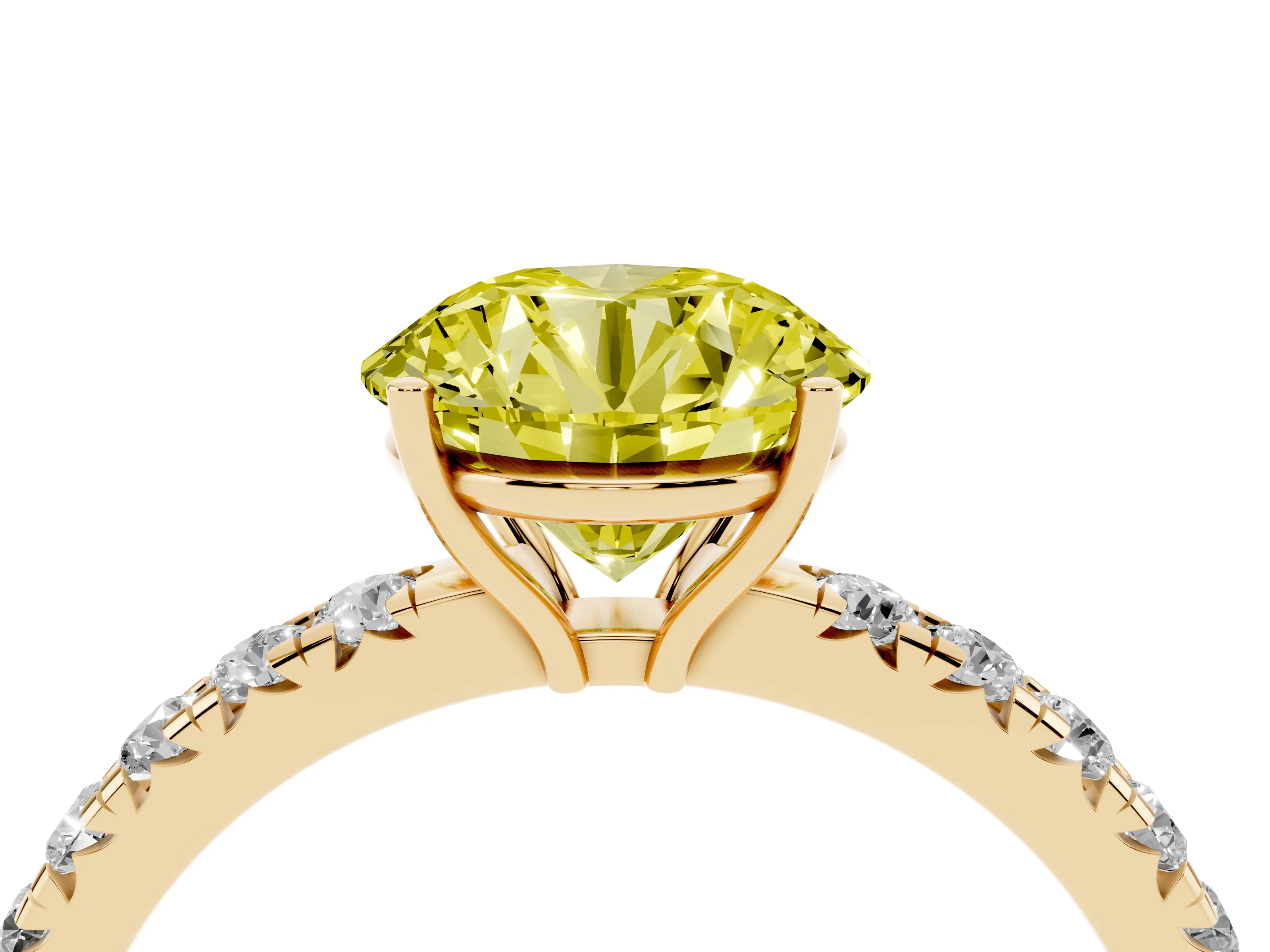 Fancy Yellow Round Cut Diamond Pavé Solitaire Engagement Ring Set in Yellow gold with Prong Setting