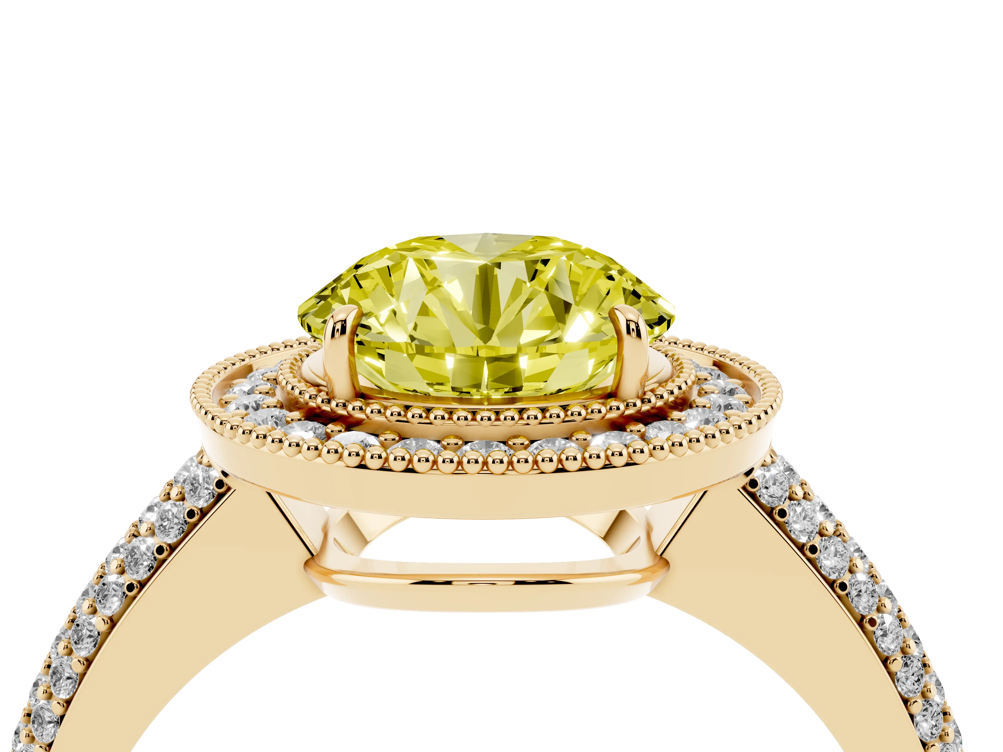 Fancy Yellow Round Cut Diamond Halo Pavé Band Set in Yellow gold with Prong Setting