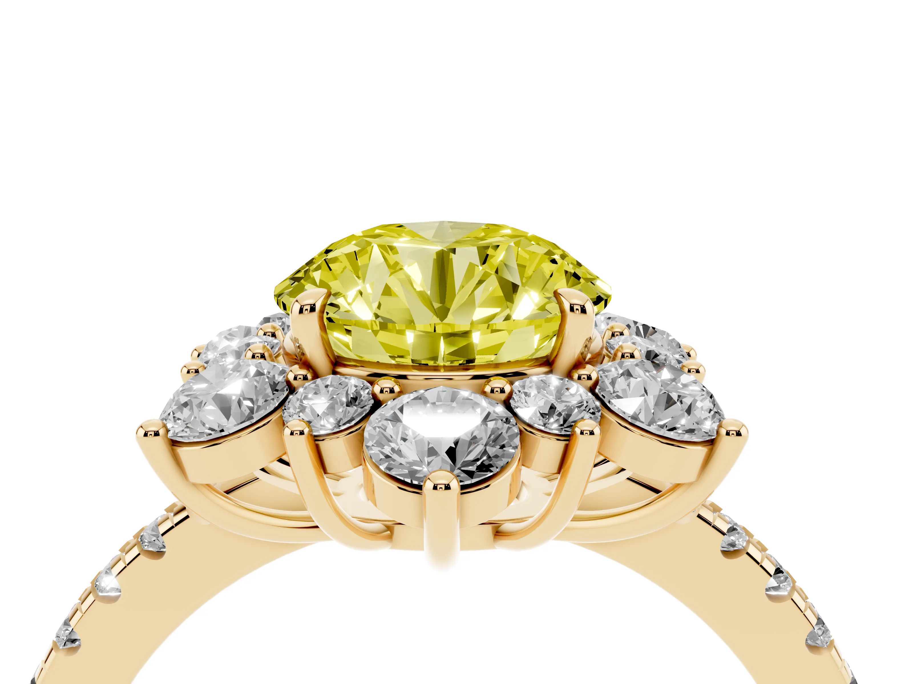 Fancy Yellow Round Cut Diamond Floral Halo Ring Set in Yellow gold with Round Pavé Band and Prong Setting