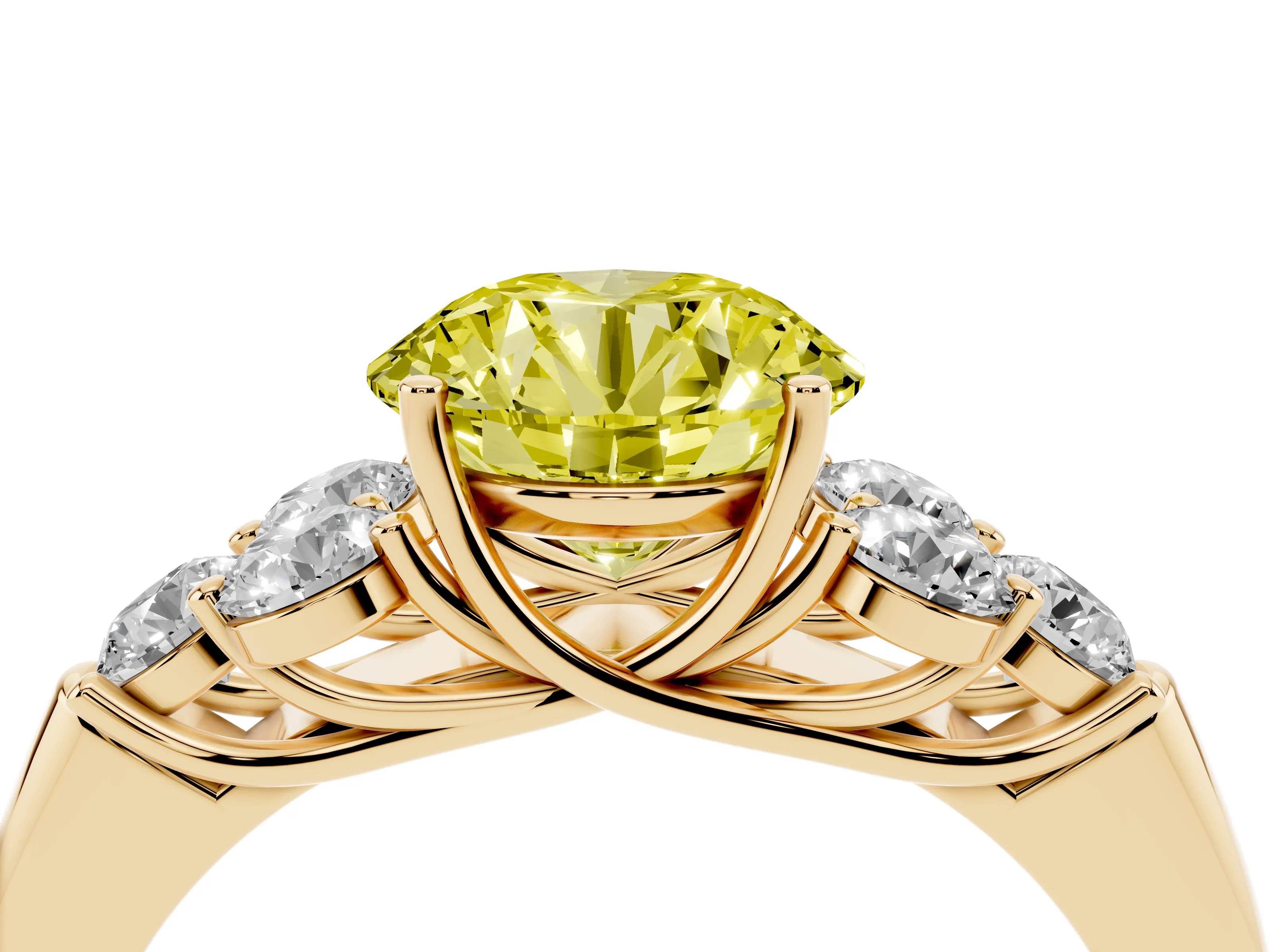 Fancy Yellow Round Cut Diamond Cluster Ring Set in Yellow gold with Round Accent Stones and Prong Setting on a Plain Band