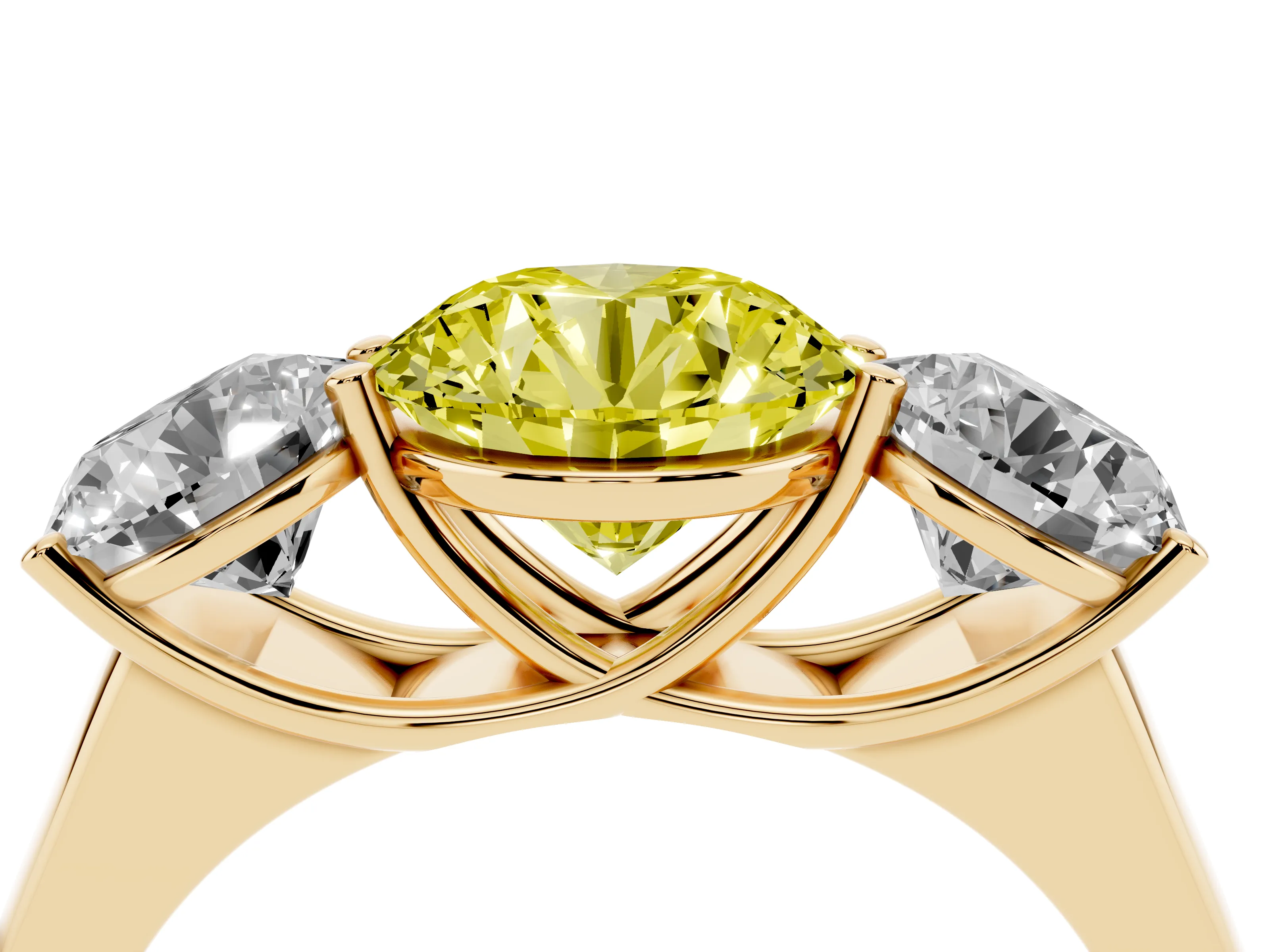 Fancy Yellow Round Cut Diamond Three-Stone Ring Set in Yellow gold with Plain Polished Band