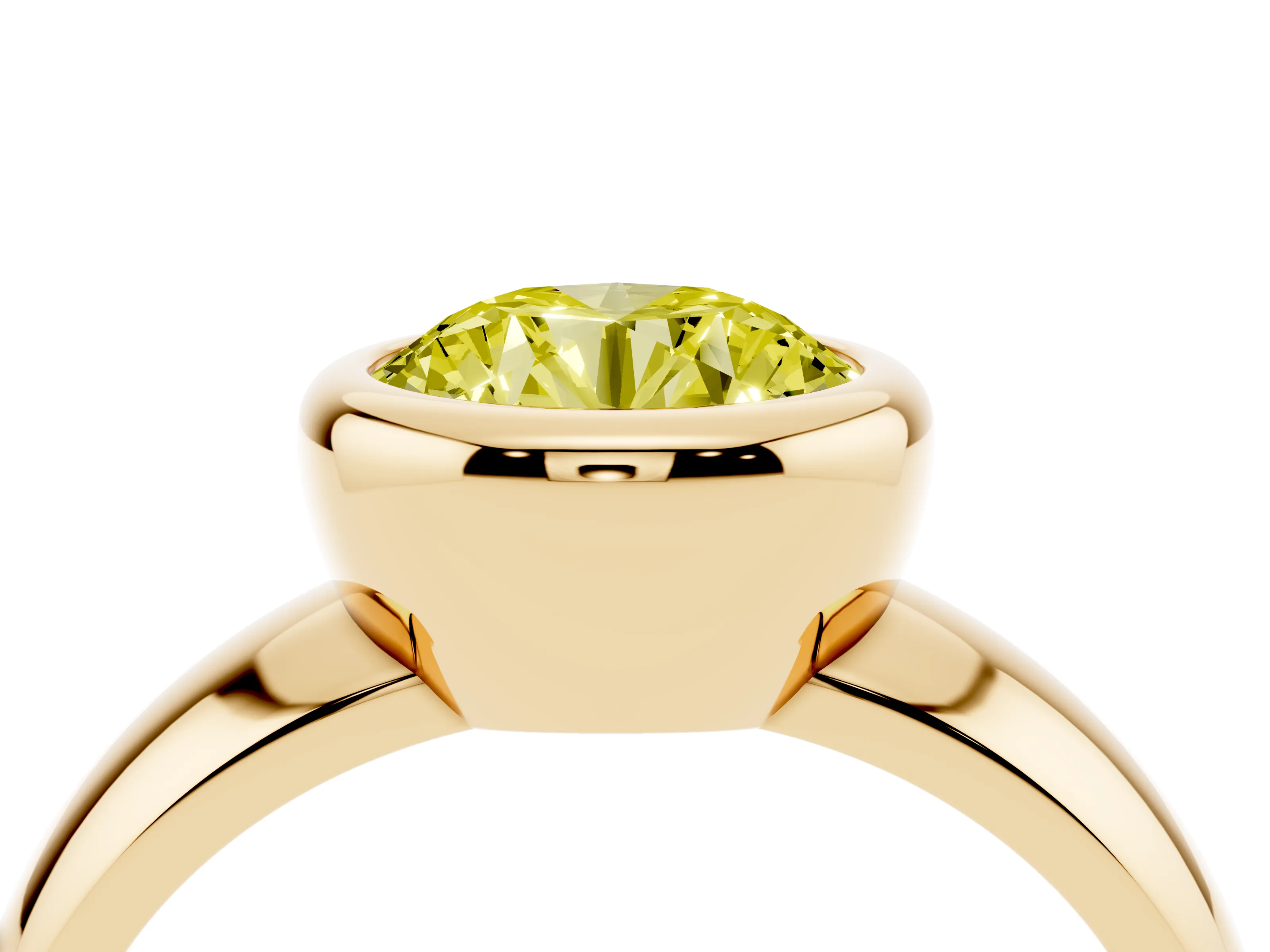 Fancy Yellow Bezel Set Round Cut Diamond Solitaire Ring Set in Yellow gold with Wide Band