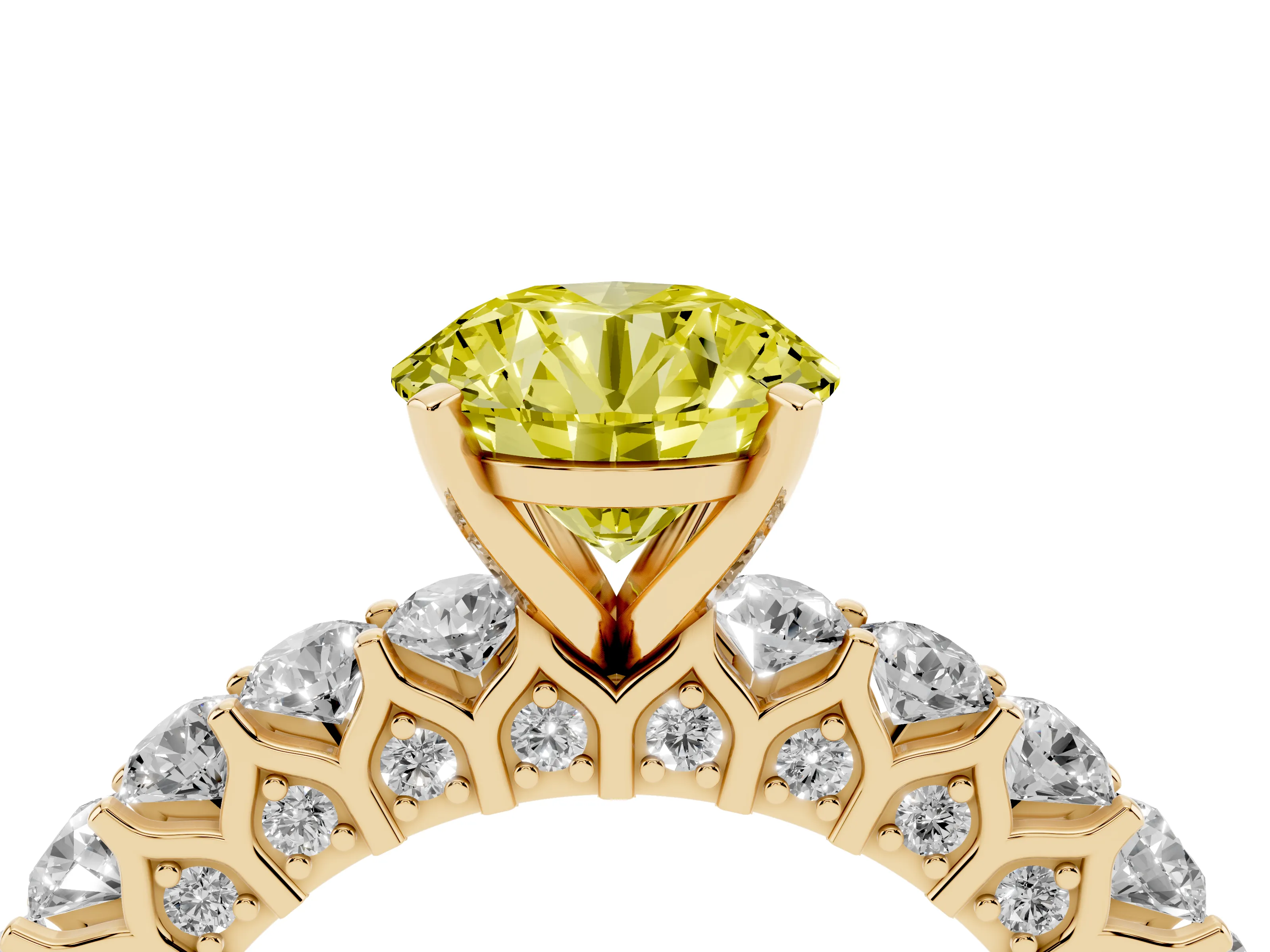 Fancy Yellow Round Cut Diamond Solitaire Ring Set in Yellow gold with Shared Prong Pavé Band
