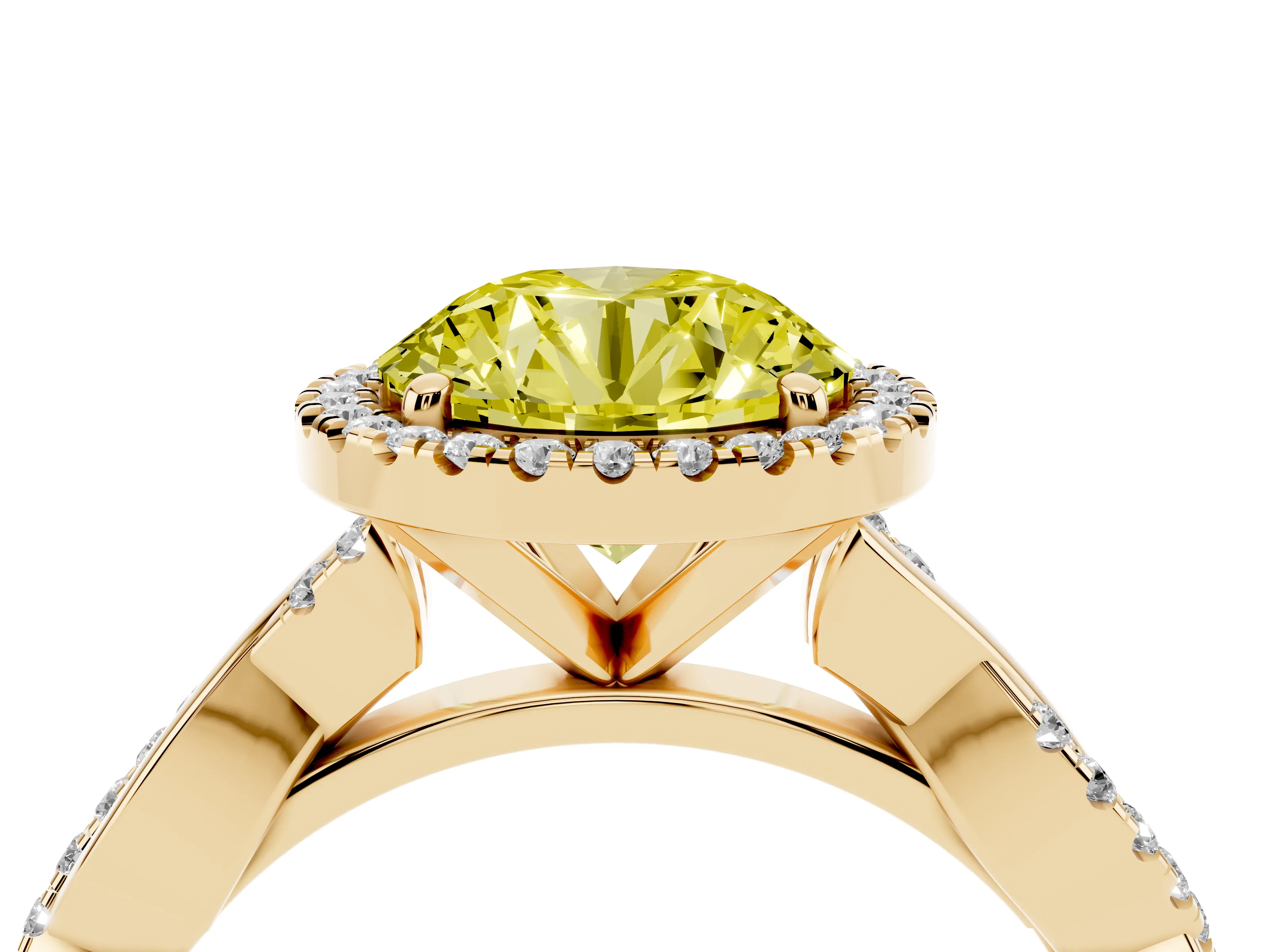 Fancy Yellow Round Cut Diamond Halo Twisted Band Ring Set in Yellow gold with Prong Setting