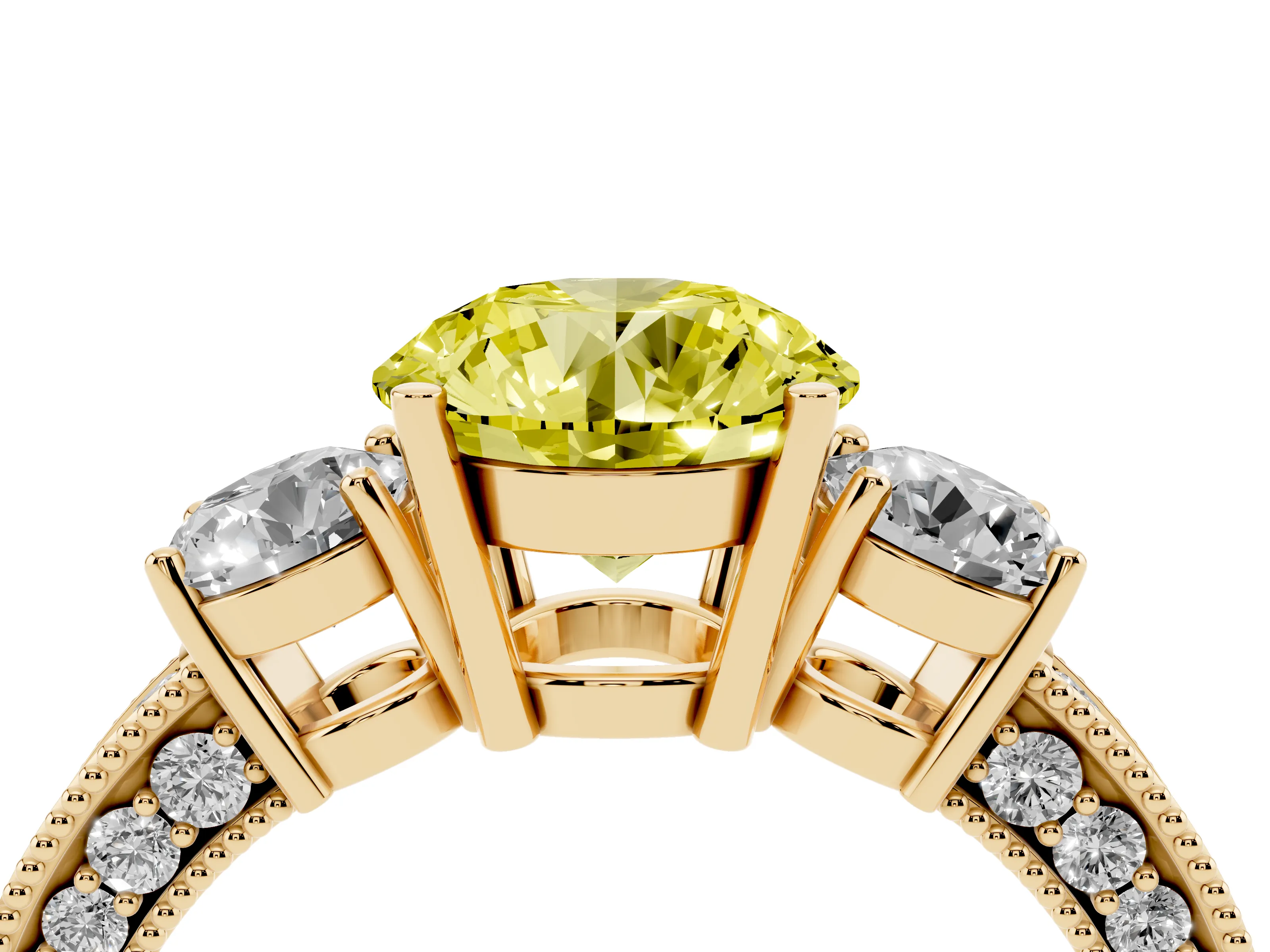 Fancy Yellow Round Cut Diamond Three-Stone Ring Set in Yellow gold with Round Side Stones and Pavé Band