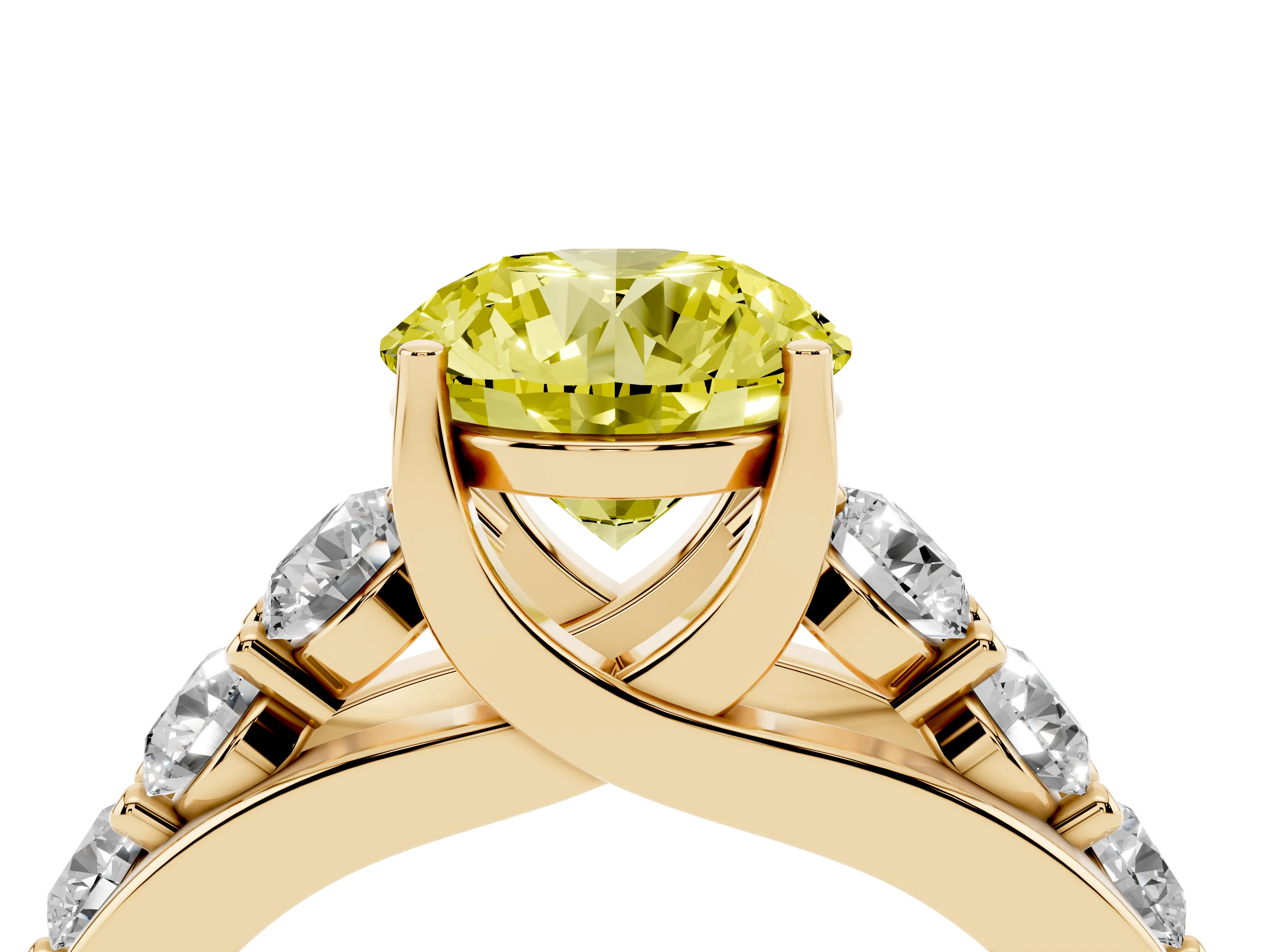 Fancy Yellow Round Cut Diamond Pavé Engagement Ring Set in Yellow gold with Prong Setting