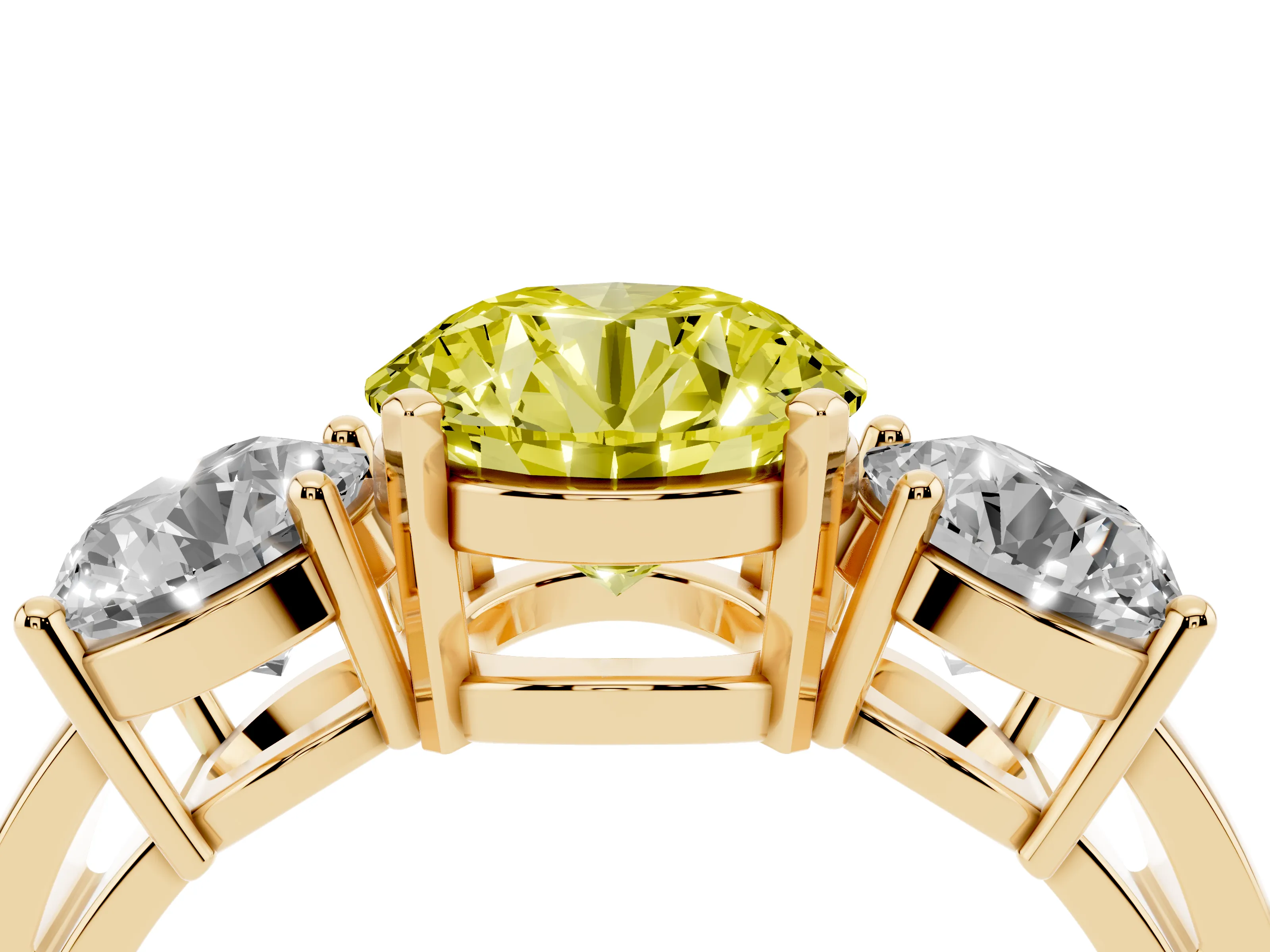 Fancy Yellow Round Cut Diamond Three-Stone Ring Set in Yellow gold with Round Side Stones and Classic Band