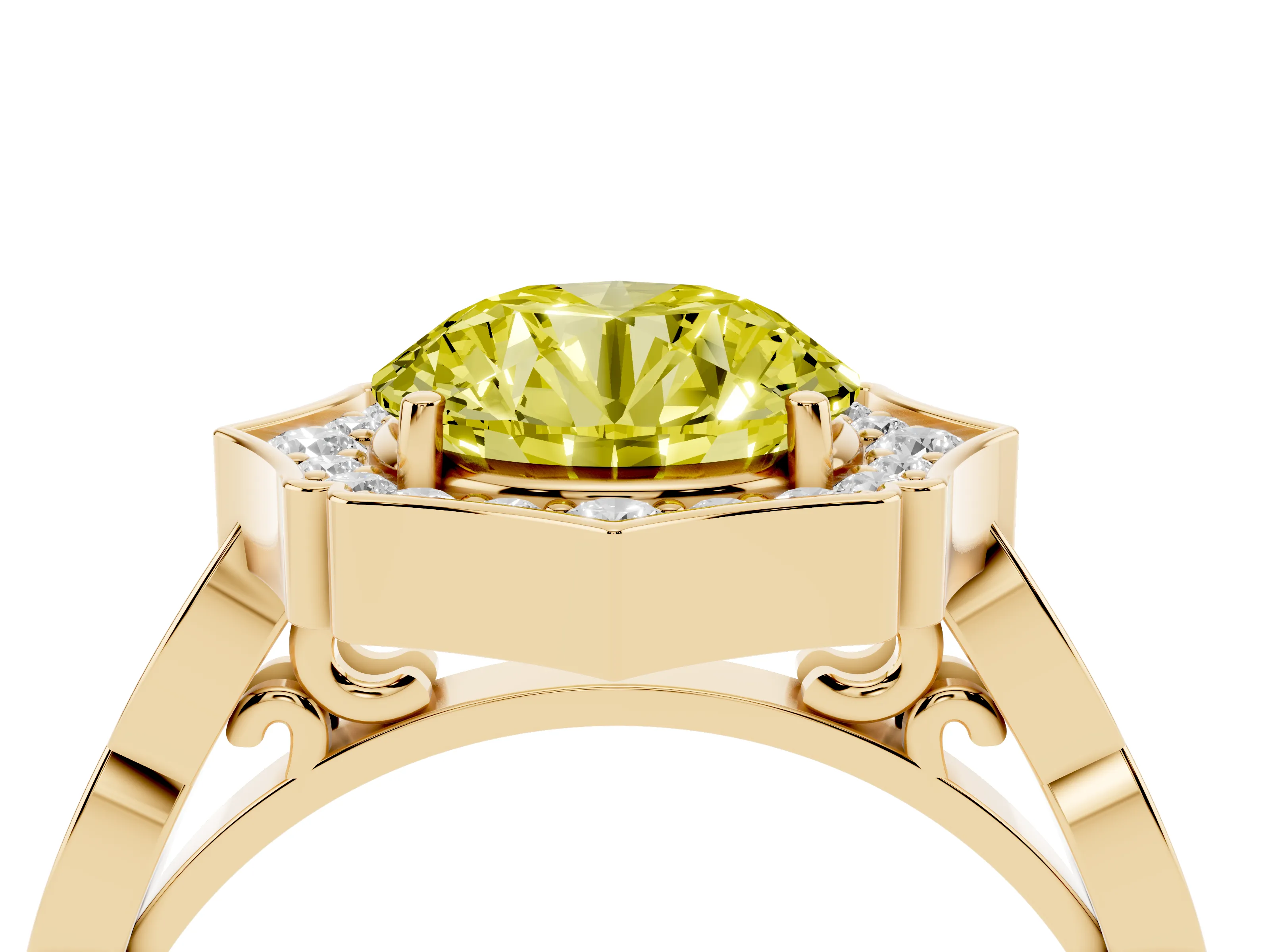 Fancy Yellow Round Cut Diamond Halo Engagement Ring Set in Yellow gold with Milgrain Band and Prong Setting