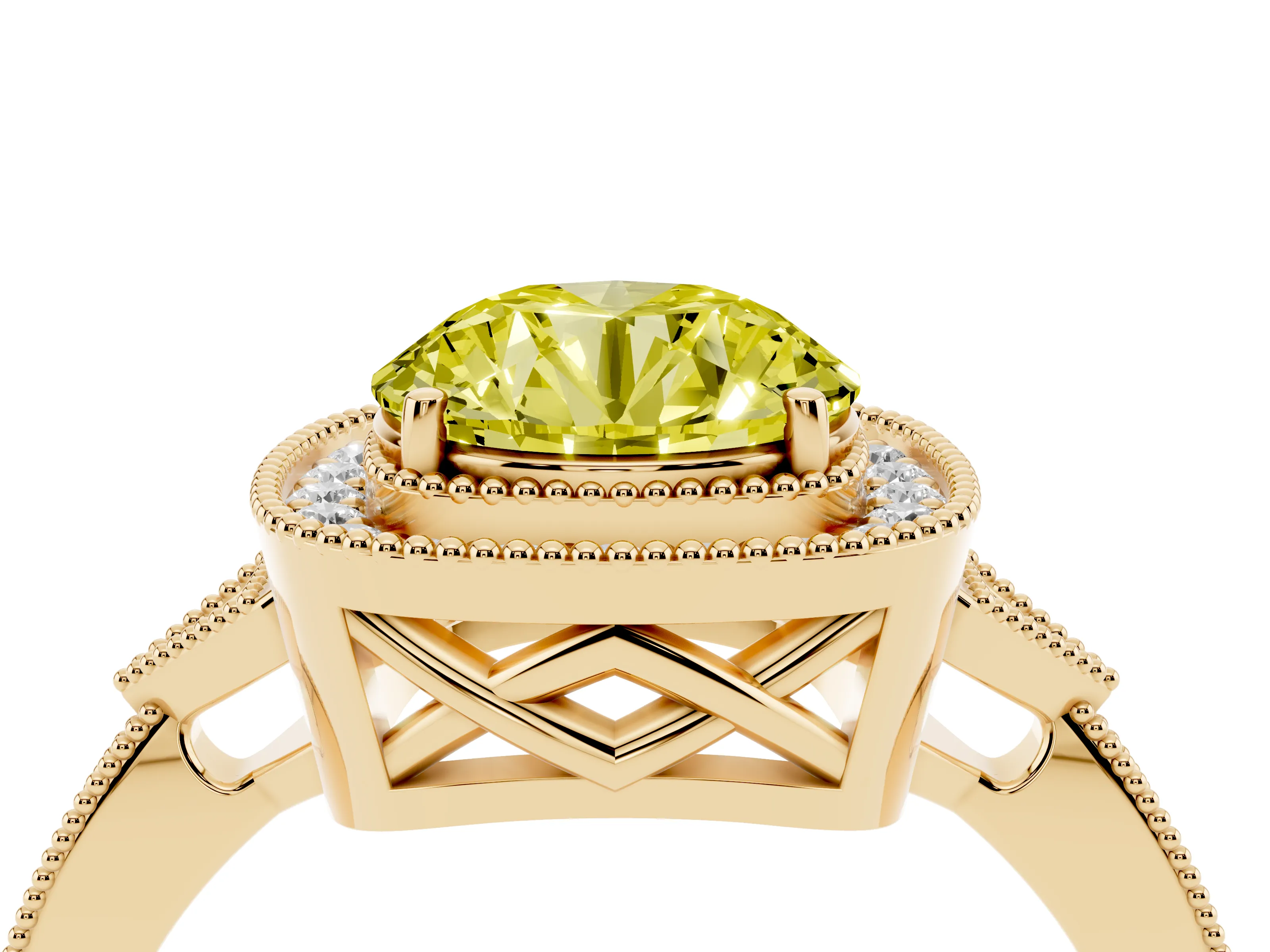 Fancy Yellow Round Cut Diamond Halo Engagement Ring Set in Yellow gold with Milgrain Pavé Band