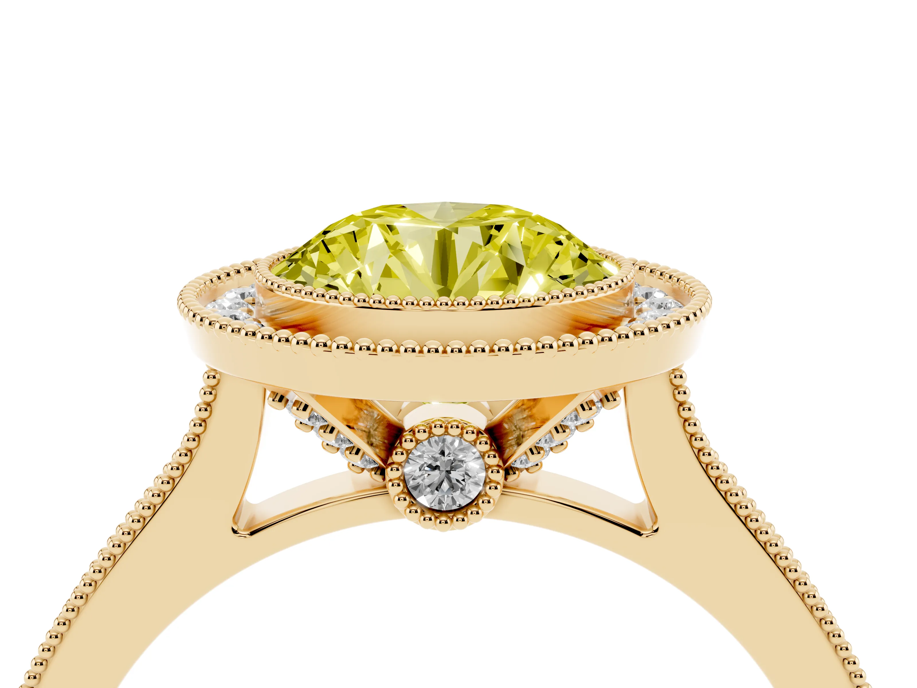 Fancy Yellow Round Cut Diamond Halo Milgrain Pavé Band Ring Set in Yellow gold with Prong Setting