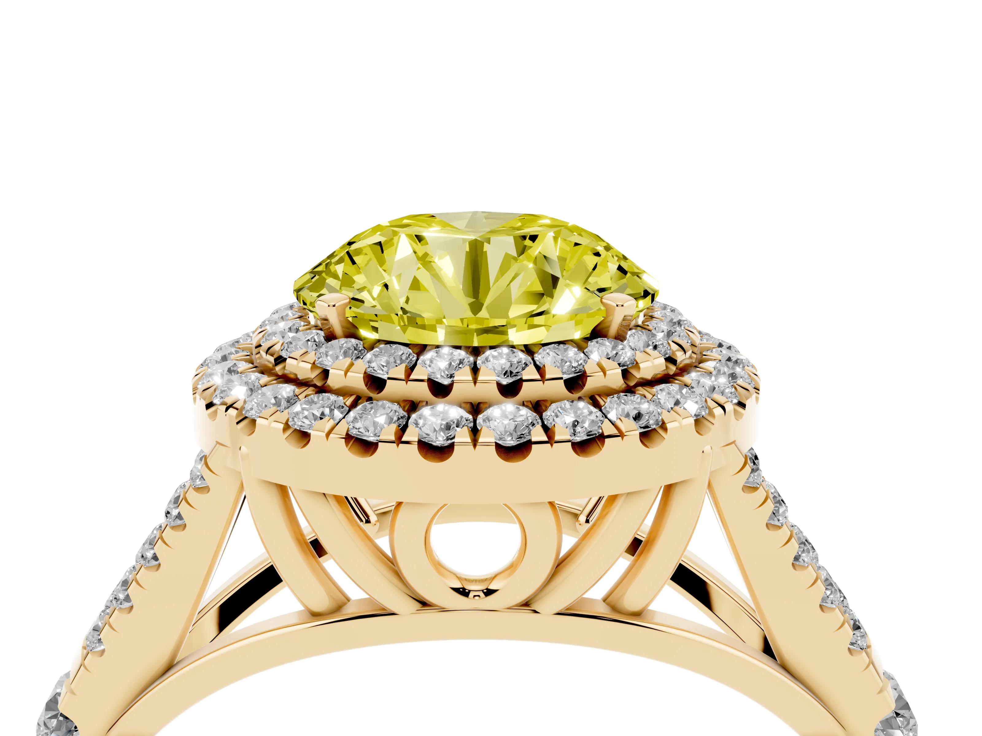 Fancy Yellow Round Cut Diamond Pavé Split Shank Double Halo Engagement Ring Set in Yellow gold