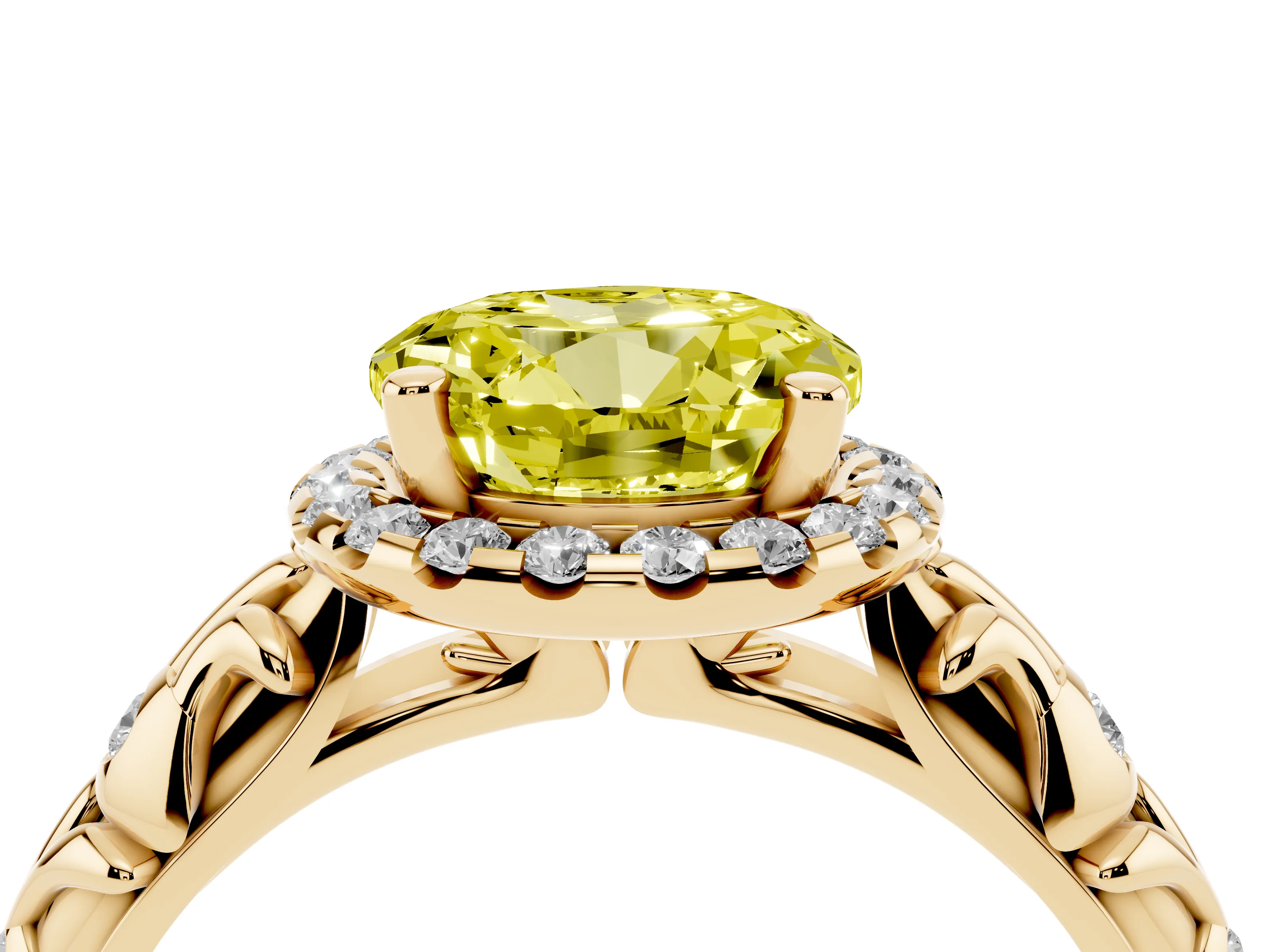 Fancy Yellow Round Cut Diamond Halo Ring Set in Yellow gold with Filigree Leaf Band and Prong Setting