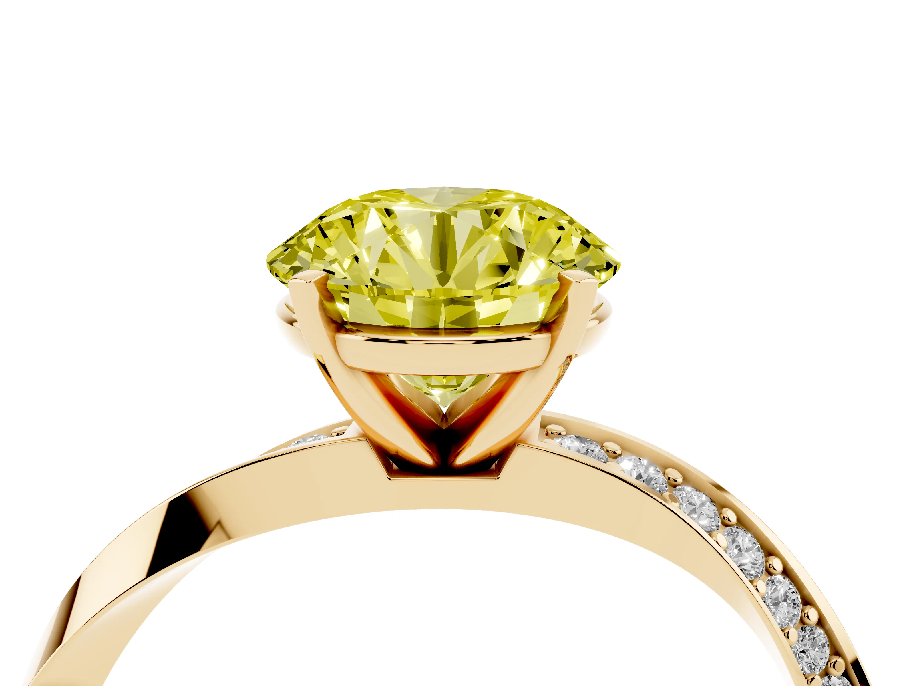 Fancy Yellow Round Cut Diamond Engagement Ring Set in Yellow gold with Side Stone Accents and Prong Setting