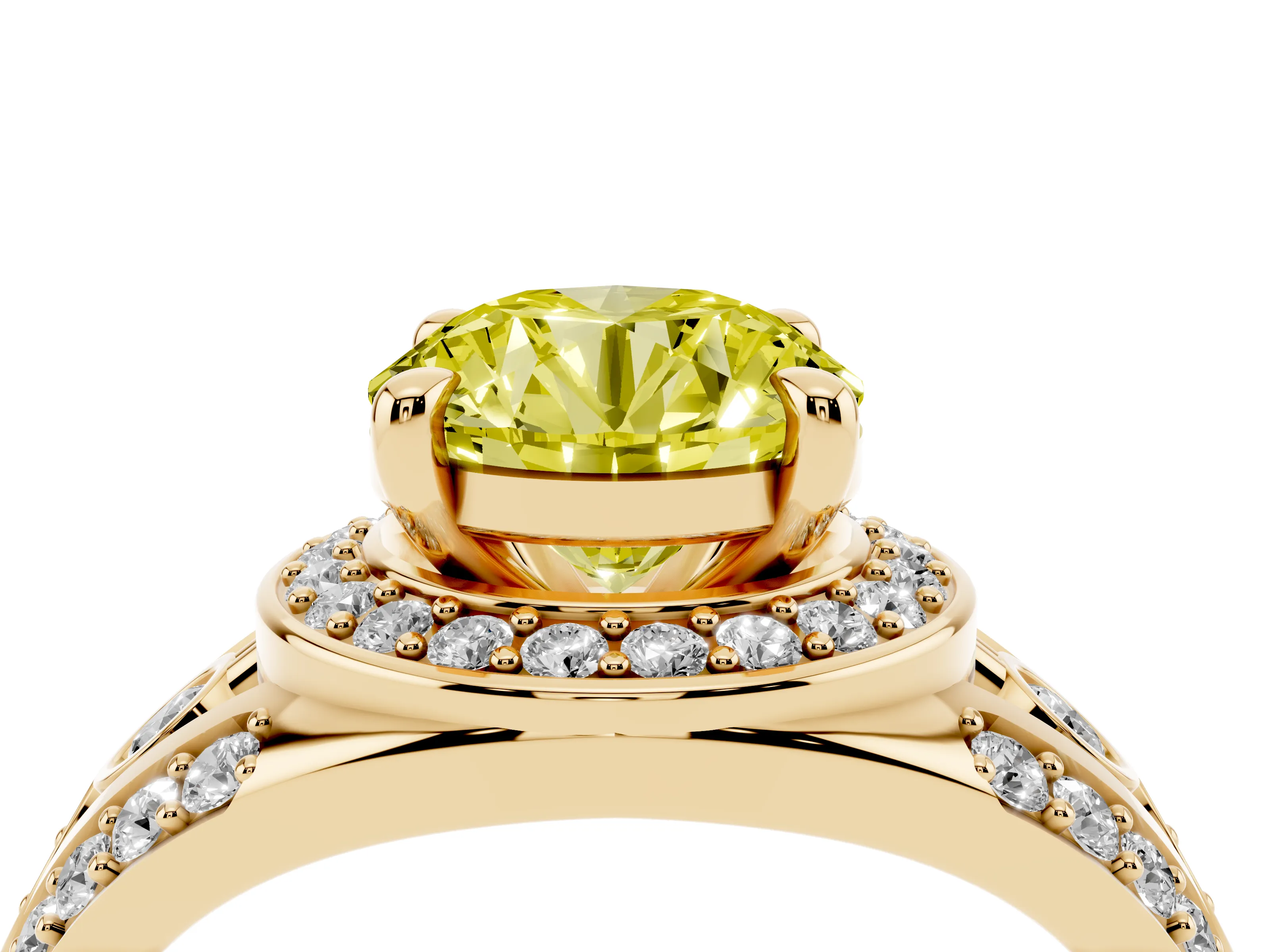 Fancy Yellow Round Cut Diamond Halo Ring Set in Yellow gold with Pavé Split Shank and Bezel Accents