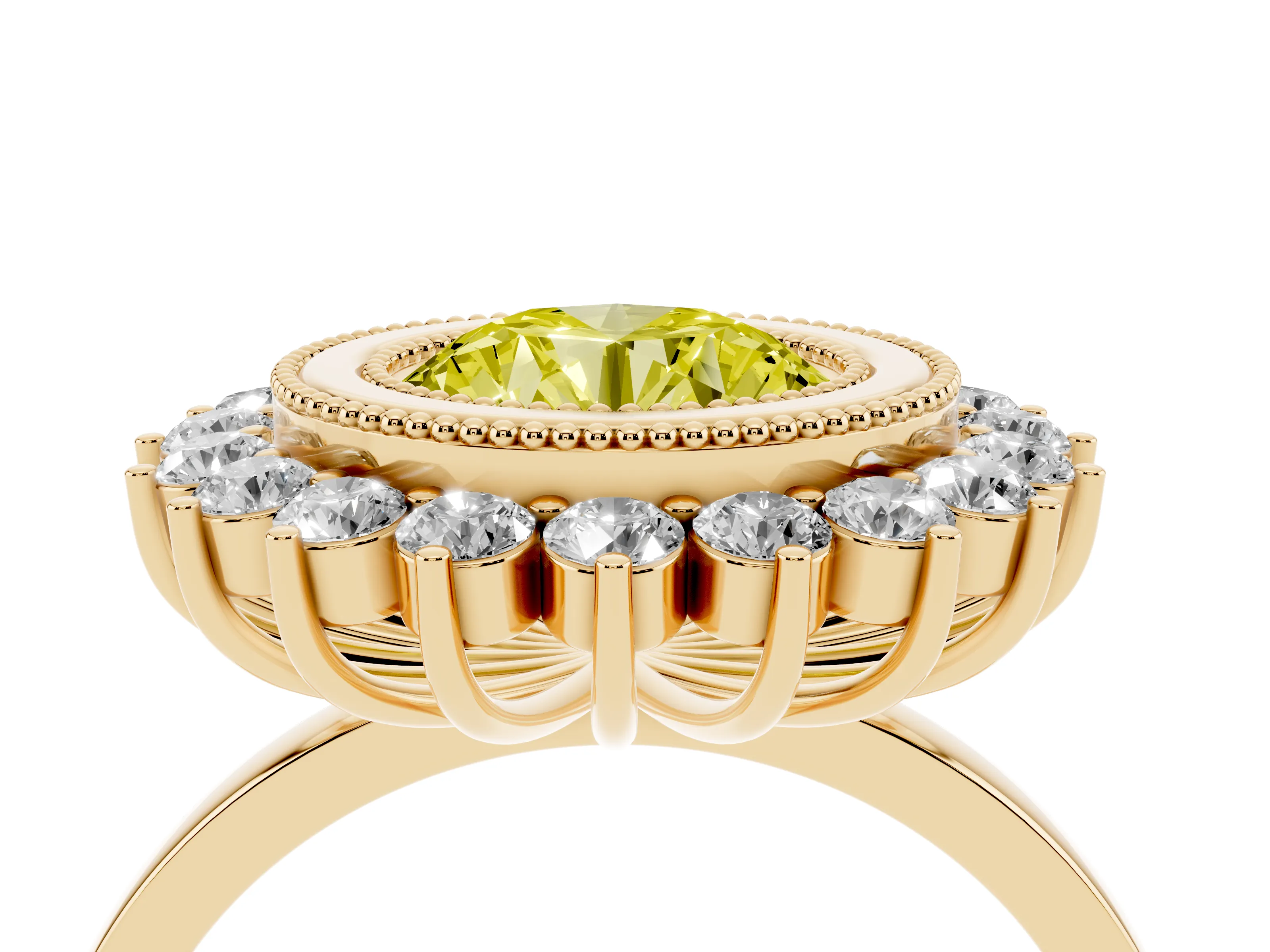 Fancy Yellow Round Cut Diamond Halo Ring Set in Yellow gold with Milgrain Edge and Round Prong Setting