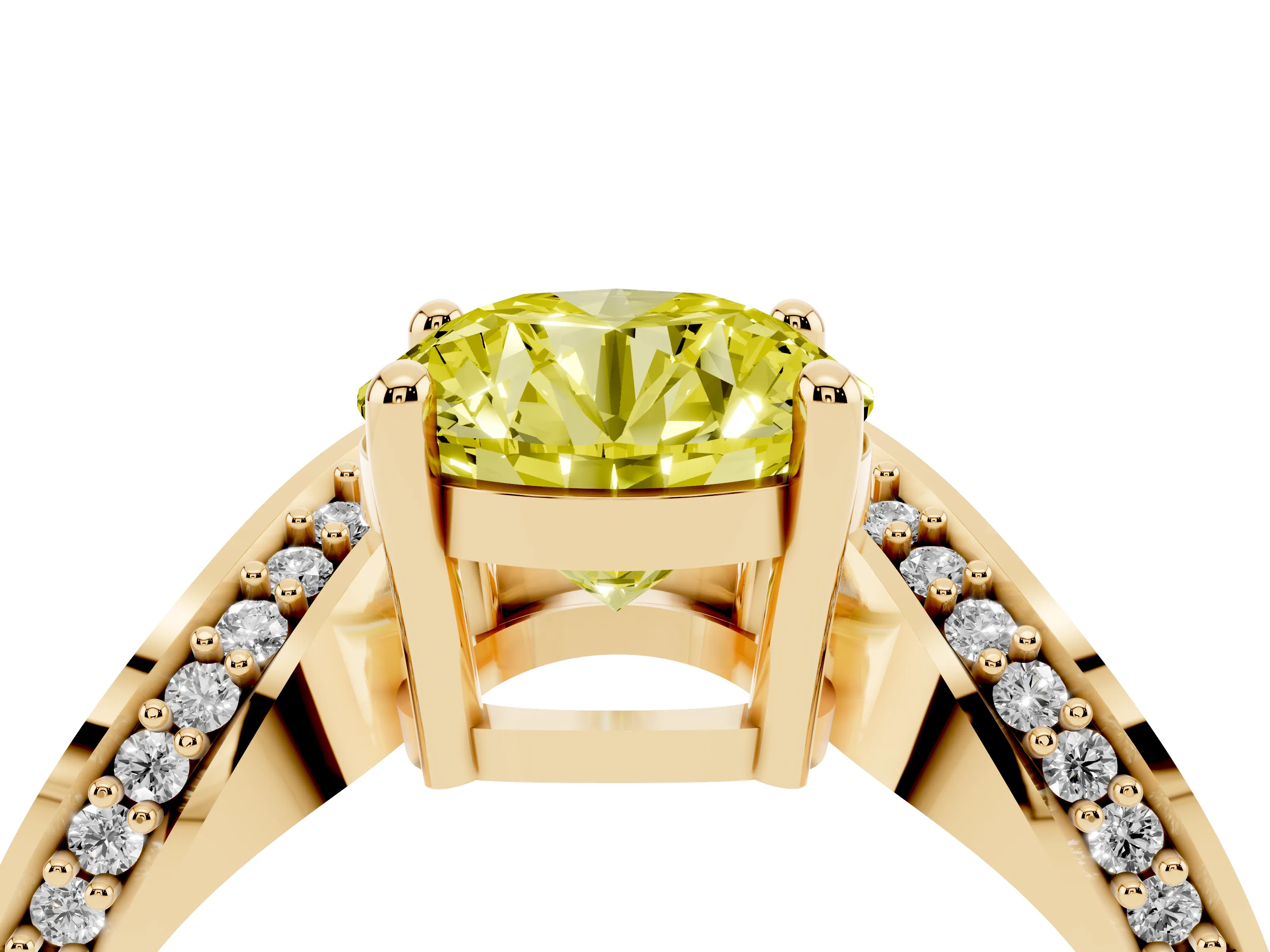 Fancy Yellow Round Cut Diamond Solitaire Engagement Ring Set in Yellow gold with Pavé Shoulders