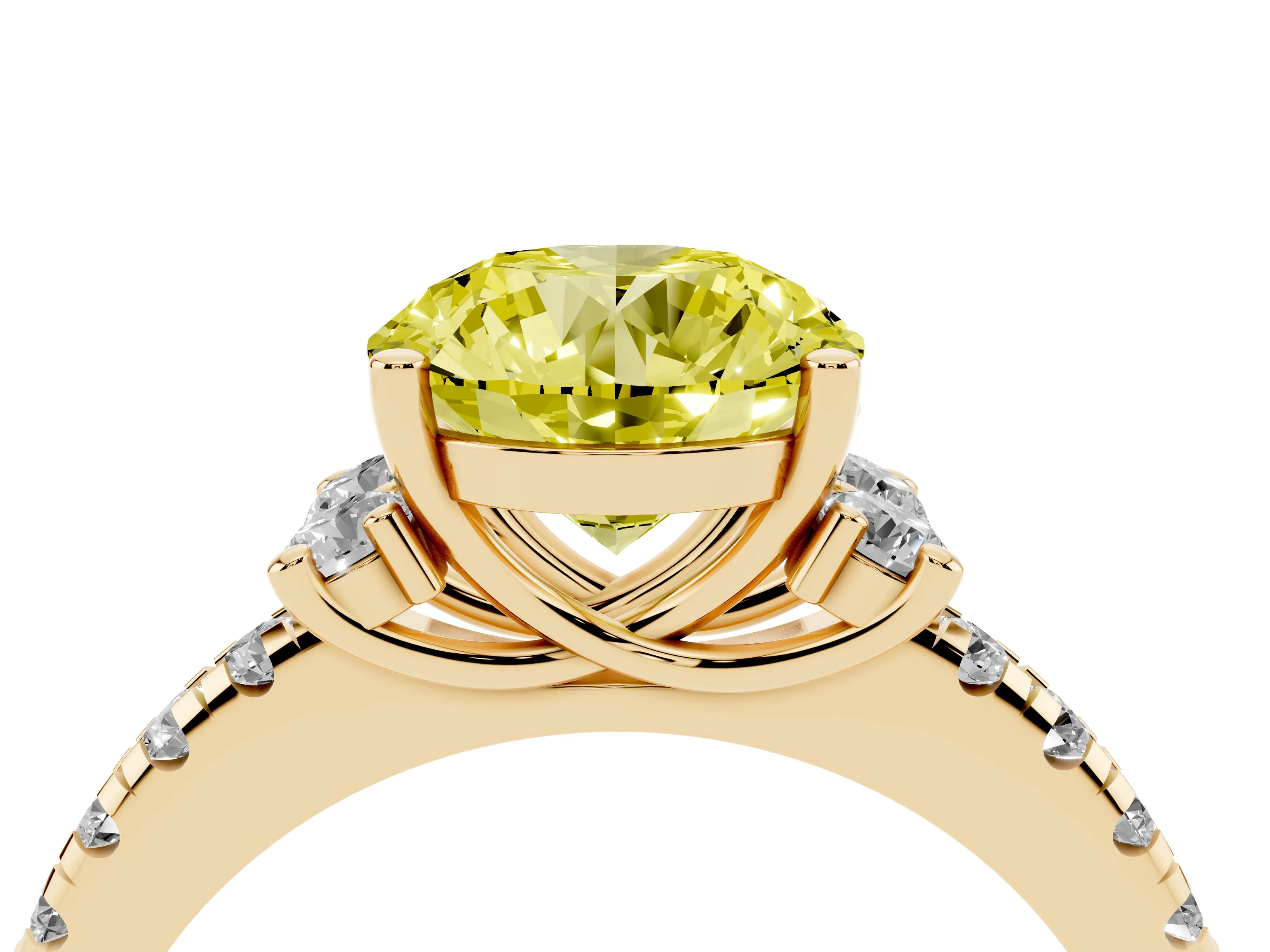 Fancy Yellow Round Cut Diamond Three-Stone Pavé Ring Set in Yellow gold with Prong Setting