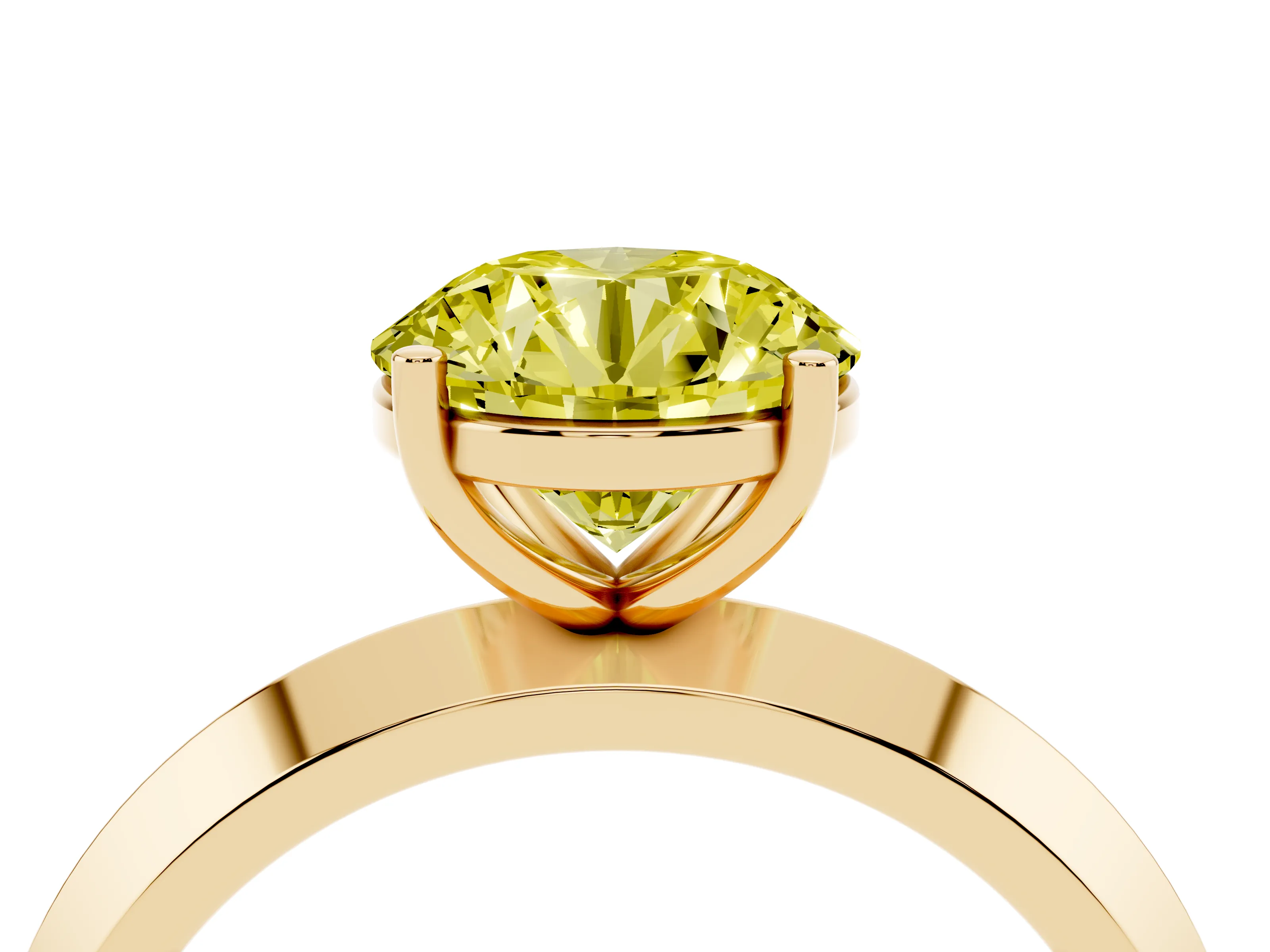 Fancy Yellow Round Cut Diamond Solitaire Engagement Ring Set in Yellow gold with Flat Band and Prong Setting