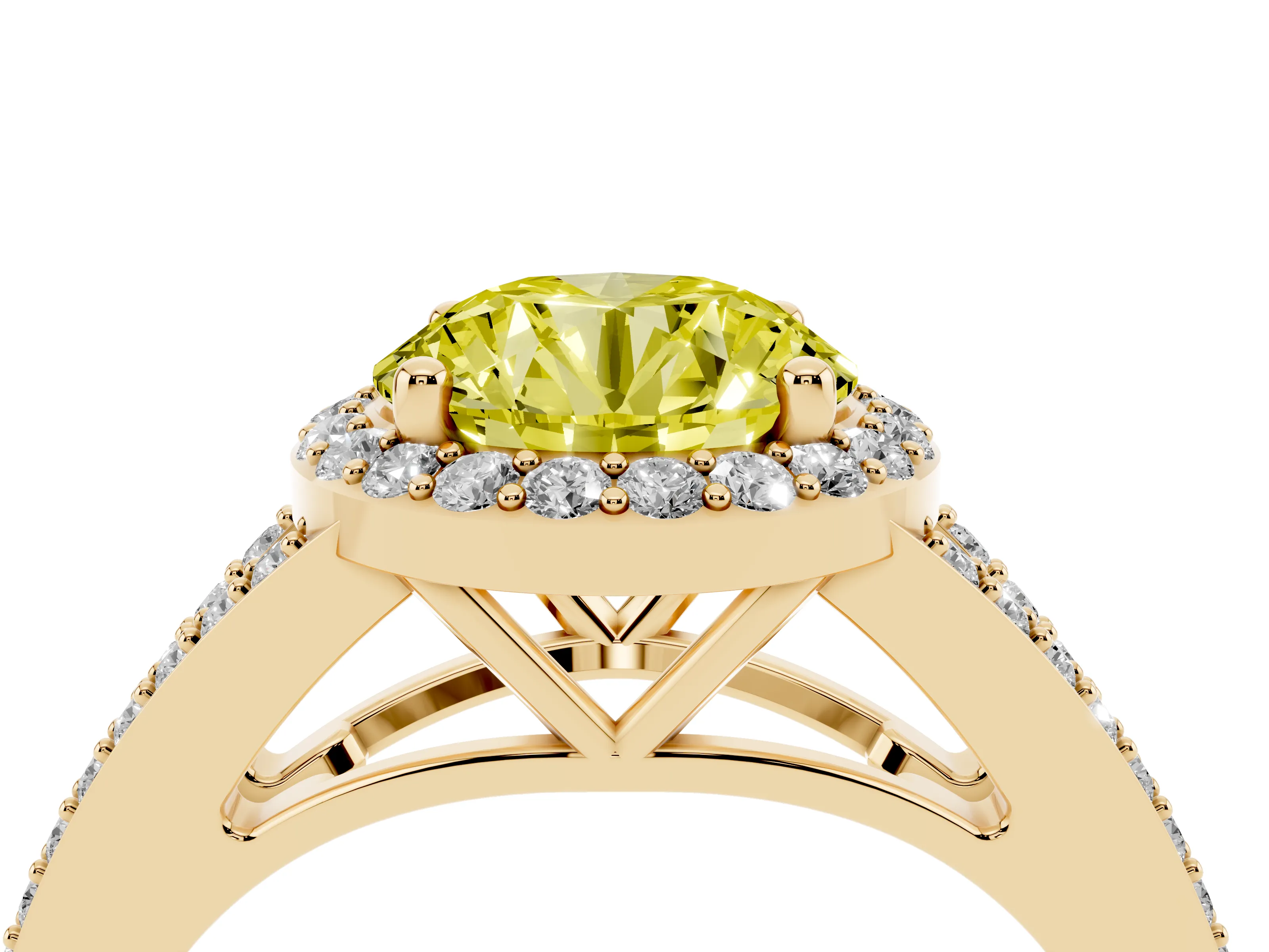 Fancy Yellow Round Cut Diamond Halo Split Shank Pavé Ring Set in Yellow gold with Prong Setting