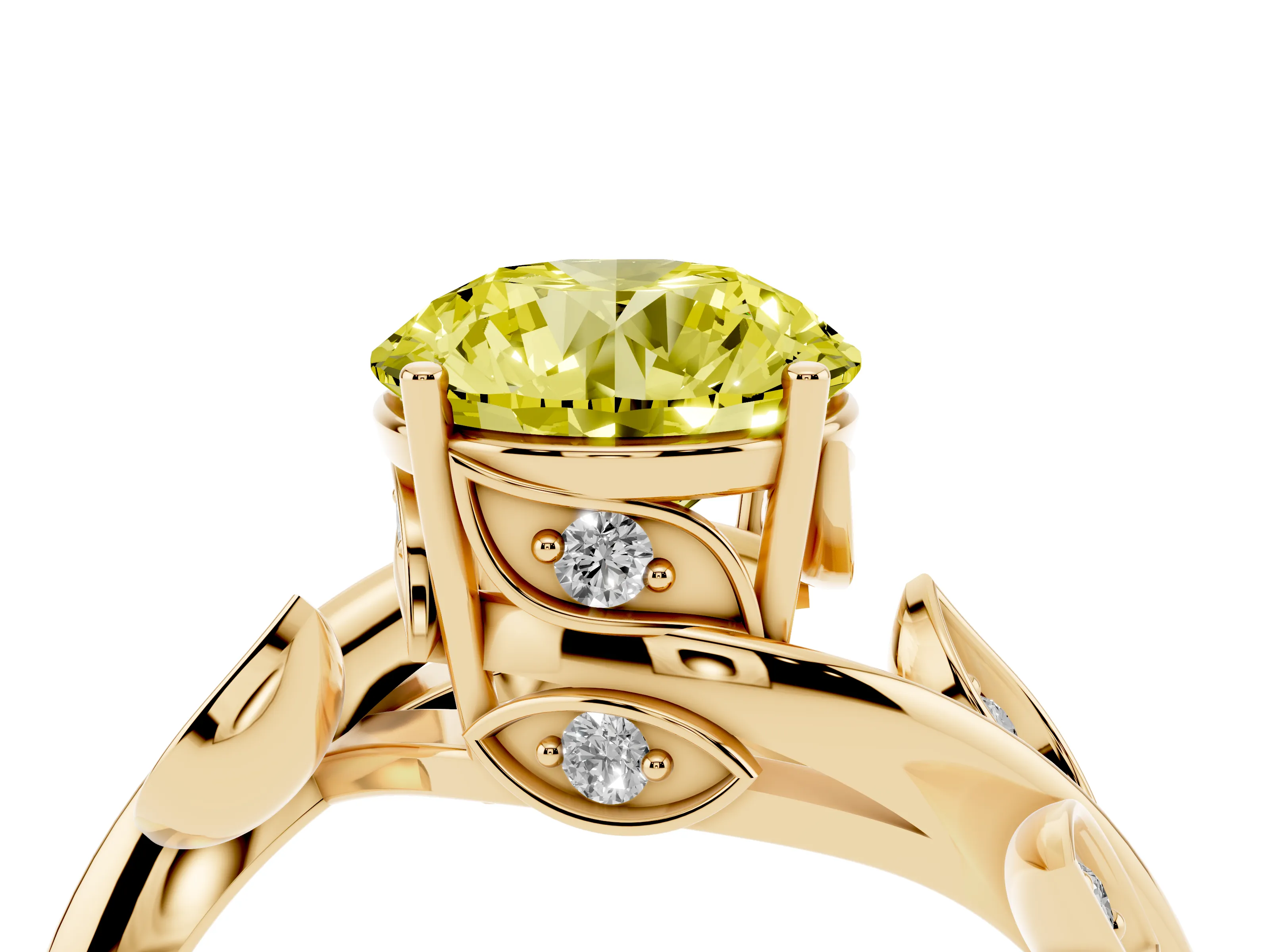 Fancy Yellow Round Cut Diamond Solitaire Twist Engagement Ring Set in Yellow gold with Pavé Leaf Accents